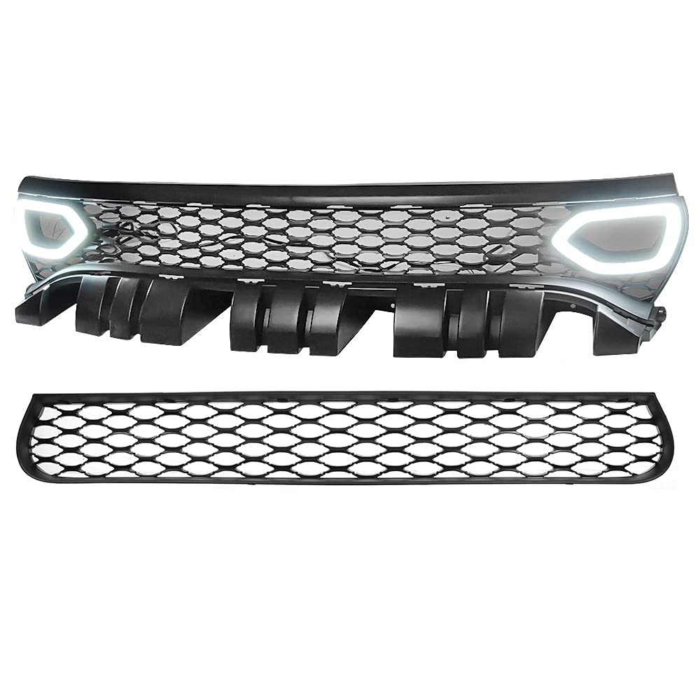 IKON MOTORSPORTS Upper & Lower Grilles with LED Lights for 2015-2023 Dodge Charger | SRT Style Front Grille with Air Ducts | Perfect for Car Enthusiasts & Custom Upgrades (2015-2023 Models)