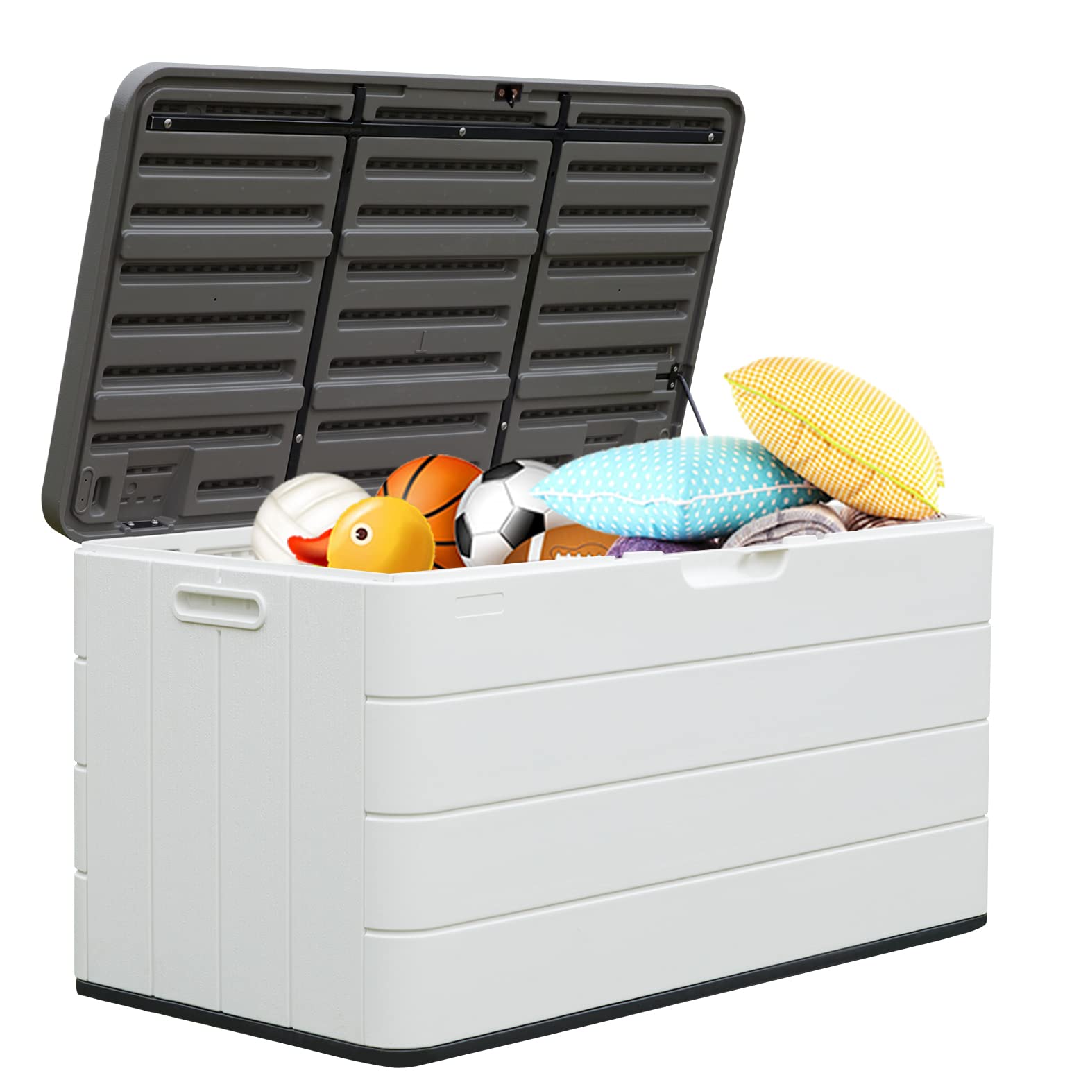 85 Gallon Resin Deck Storage Box with Lock - Waterproof Outdoor Storage Container for Garden Tools, Pool Accessories & Patio Cushions | Light Beige | Perfect for Backyard, Poolside & Garage Organization