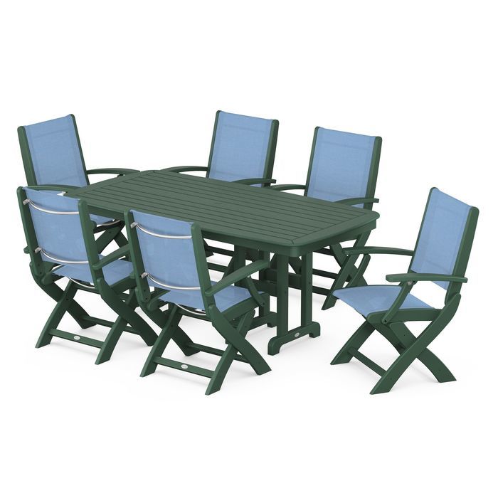 POLYWOOD Coastal Folding Arm Chair 7-Piece Outdoor Dining Set - Perfect for Patio, Deck, Poolside & Beachfront Entertaining