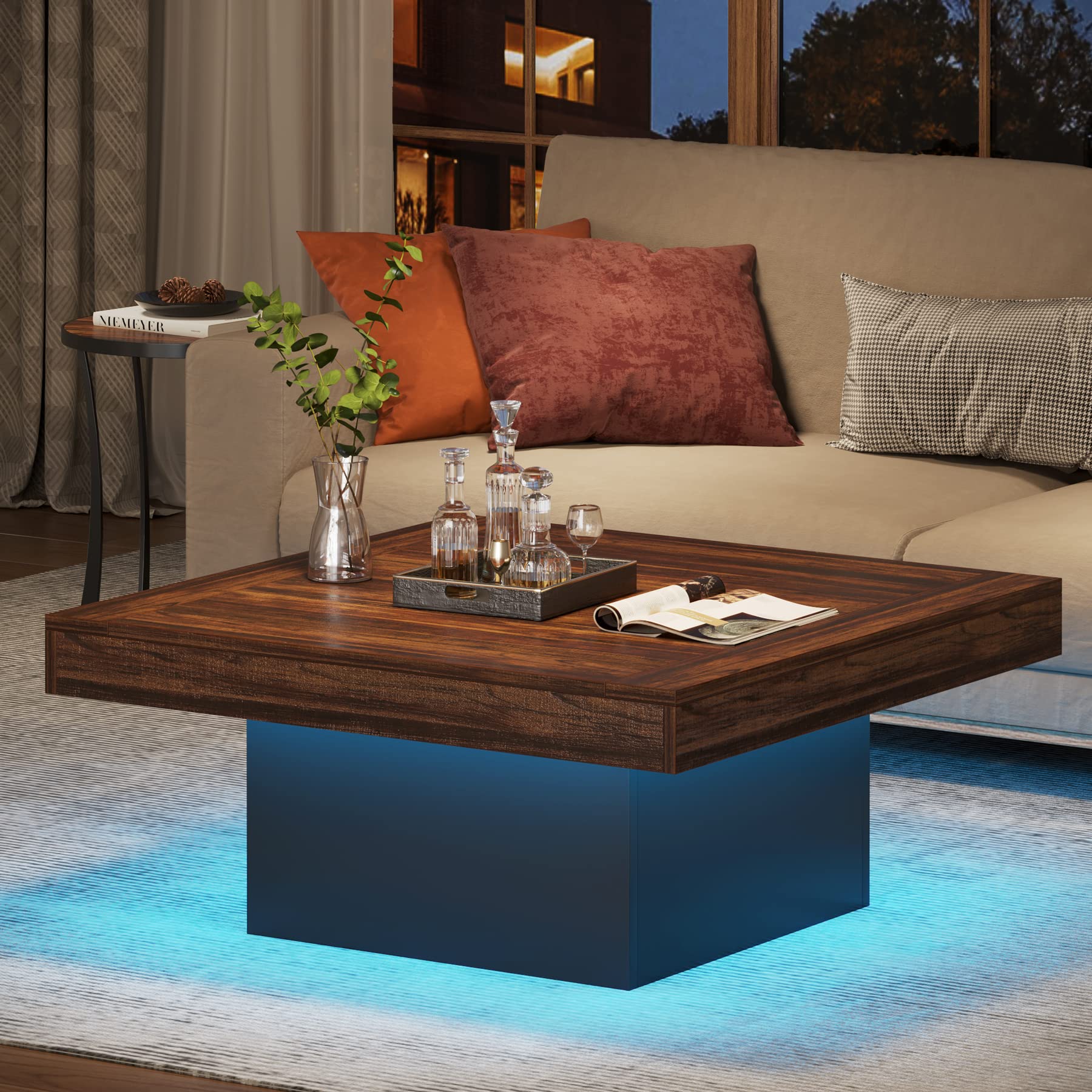Tribesigns Square LED Coffee Table - Rustic Brown & Black Engineered Wood Low Profile Modern Coffee Table for Living Room, Lounge, and Office - Perfect for Home Decor & Entertainment Spaces