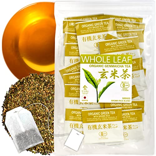 Organic Genmaicha Green Tea Bags with Roasted Brown Rice - Low Caffeine Japanese Green Tea - 50 Tea Bags by YAMASAN - Perfect for Relaxation, Office Break or After-Meal Digestive Aid