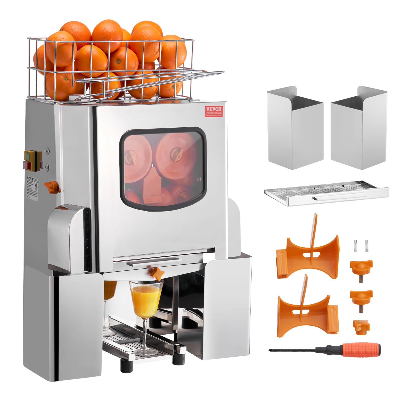 VEVOR Commercial Orange Juicer Machine - 120W Automatic Juice Extractor, Stainless Steel Orange Squeezer (20 Oranges/Min) with Pull-Out Filter Box & 2 Peel Buckets - Perfect for Restaurants, Juice Bars & Catering Services