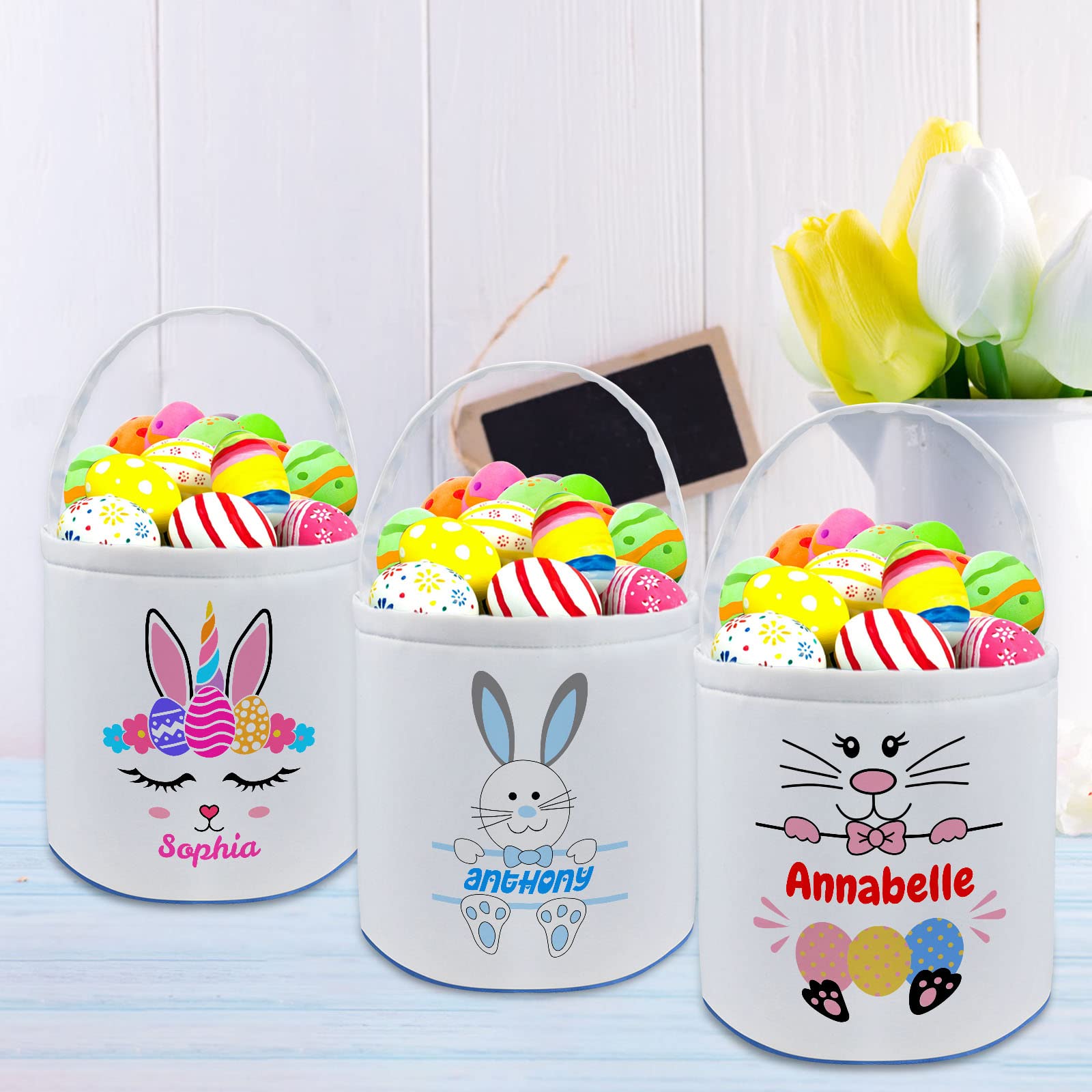 Personalized Easter Basket with Name - Custom Canvas Easter Bunny Bucket Gift for Boys & Girls - Perfect for Easter Egg Hunts, Party Favors & Spring Celebrations