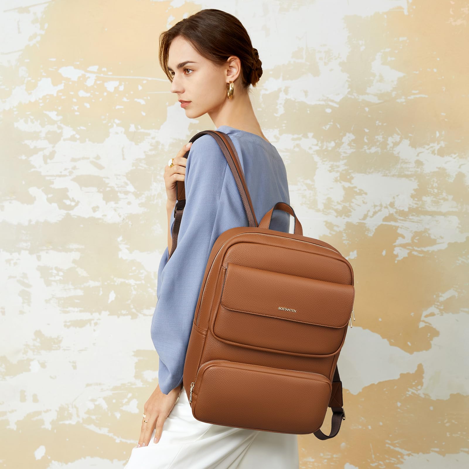 BOSTANTEN Genuine Leather Backpack for Women - 15.6 Inch Laptop Backpack, Business Travel Bag with Trolley Sleeve, Stylish Brown Shoulder Bag for Work, College & Daily Commute