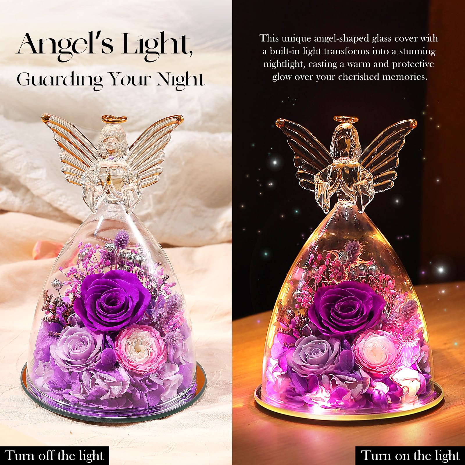 Angel Roses Preserved Real Flowers in Glass Figurine - Unique Mother's Day, Birthday Gift for Mom, Grandma, Wife & Mother-in-Law | Home Decor, Wedding Centerpiece, Romantic Keepsake