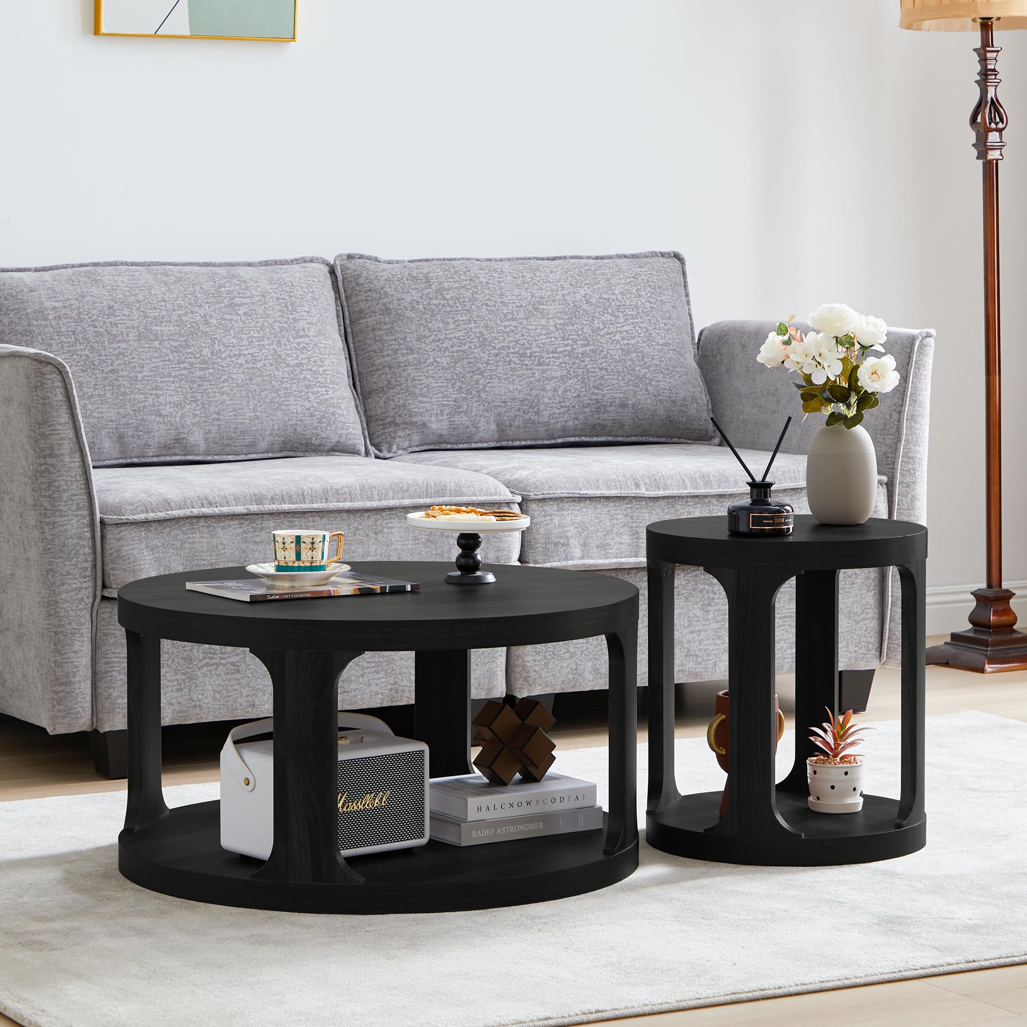2-Piece Round Coffee Table and End Table Set with 2-Tier Storage - Modern Accent Side Tables for Living Room, Bedroom or Office (Black) - Perfect for Small Spaces & Home Decor