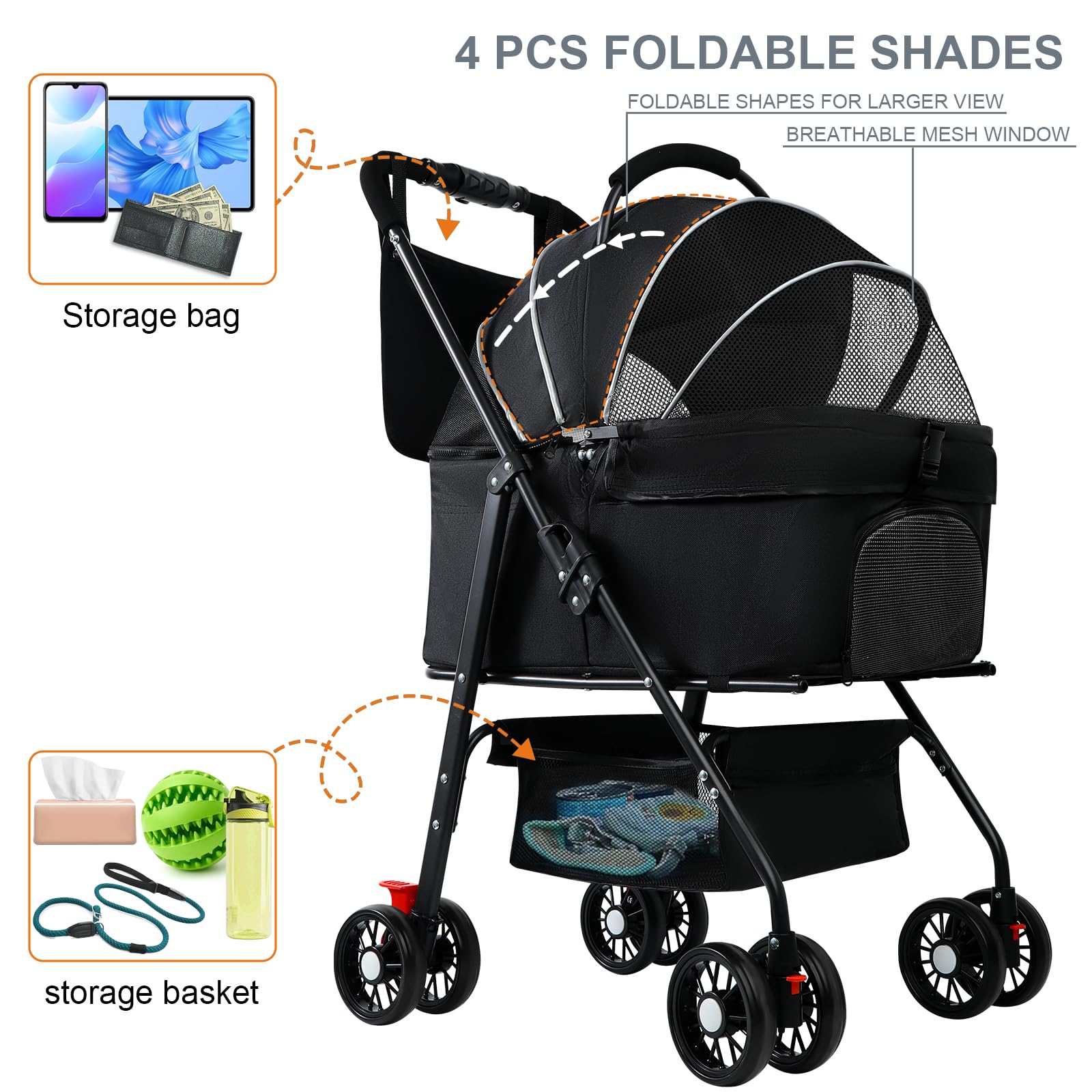 3 in 1 Foldable Pet Stroller for Small & Medium Dogs & Cats (10-50 lbs) - Removable Carrier, Storage Bag & Wheels - Perfect for Vet Visits, Shopping & Outdoor Adventures (Black)