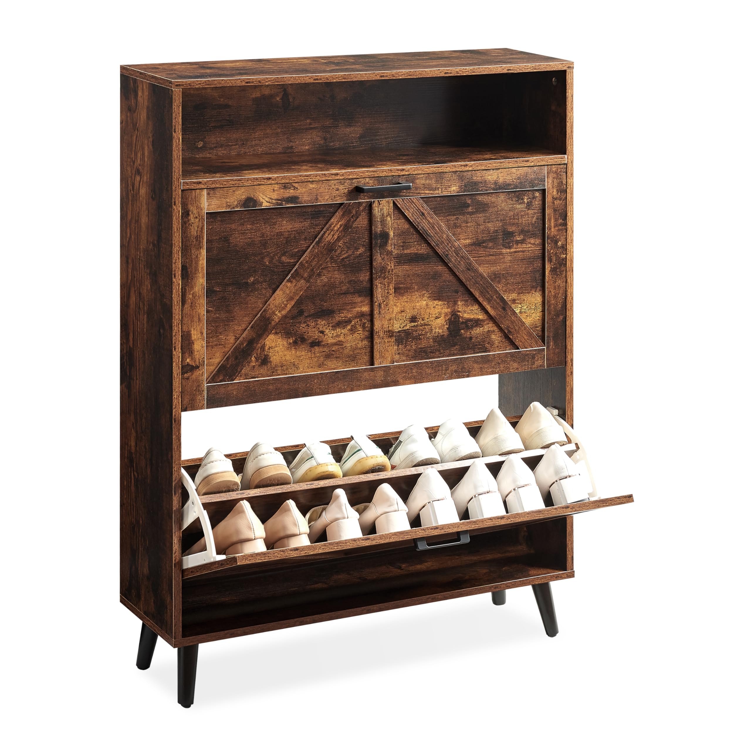 Farmhouse Shoe Storage Cabinet with 2 Flip Drawers - Entryway Shoe Organizer, Slim Freestanding Shoe Rack for 16 Pairs, Narrow Hallway & Living Room Storage Solution - Perfect for Small Spaces, Apartments and Clutter-Free Home Organization