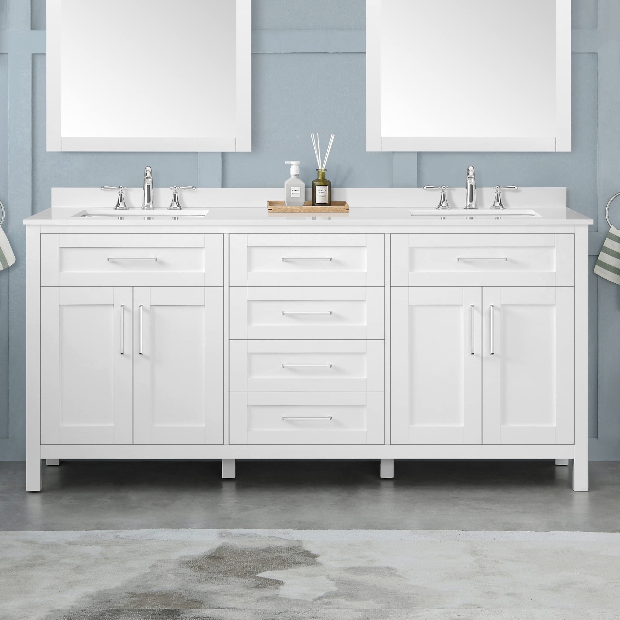 OVE Decors Maya 72 Inch White Bathroom Vanity with Carrara Marble Countertop - Modern Double Sink Vanity for Master Bathroom & Powder Room