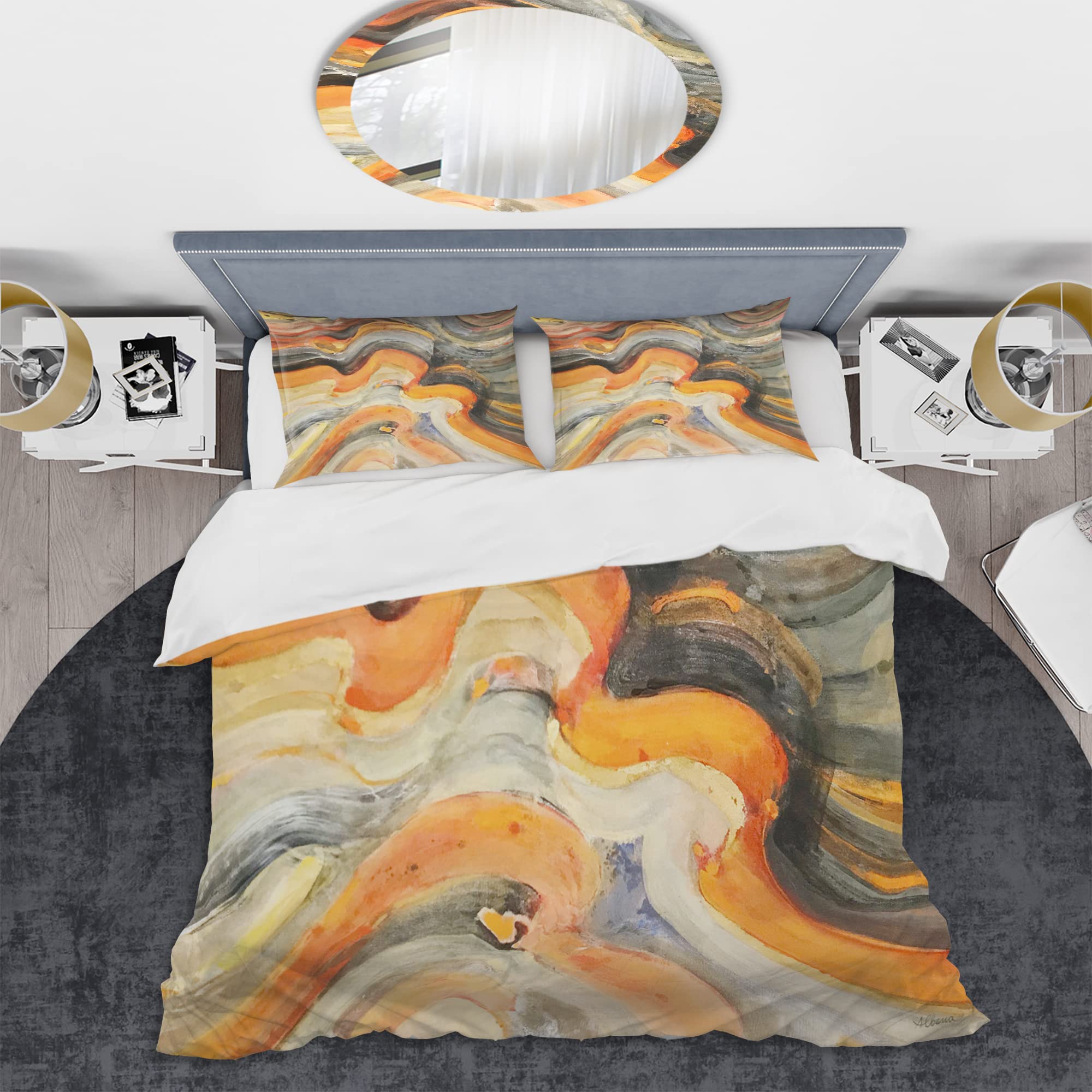 DesignQ Abstract Gilded Orange Waves Modern Duvet Cover Set - Queen Size Gold Bedding Set with 3 Pieces (Duvet Cover + 2 Pillowcases) - Contemporary All-Season Luxury Bedding for Master Bedroom, Guest Room & Hotel Decor