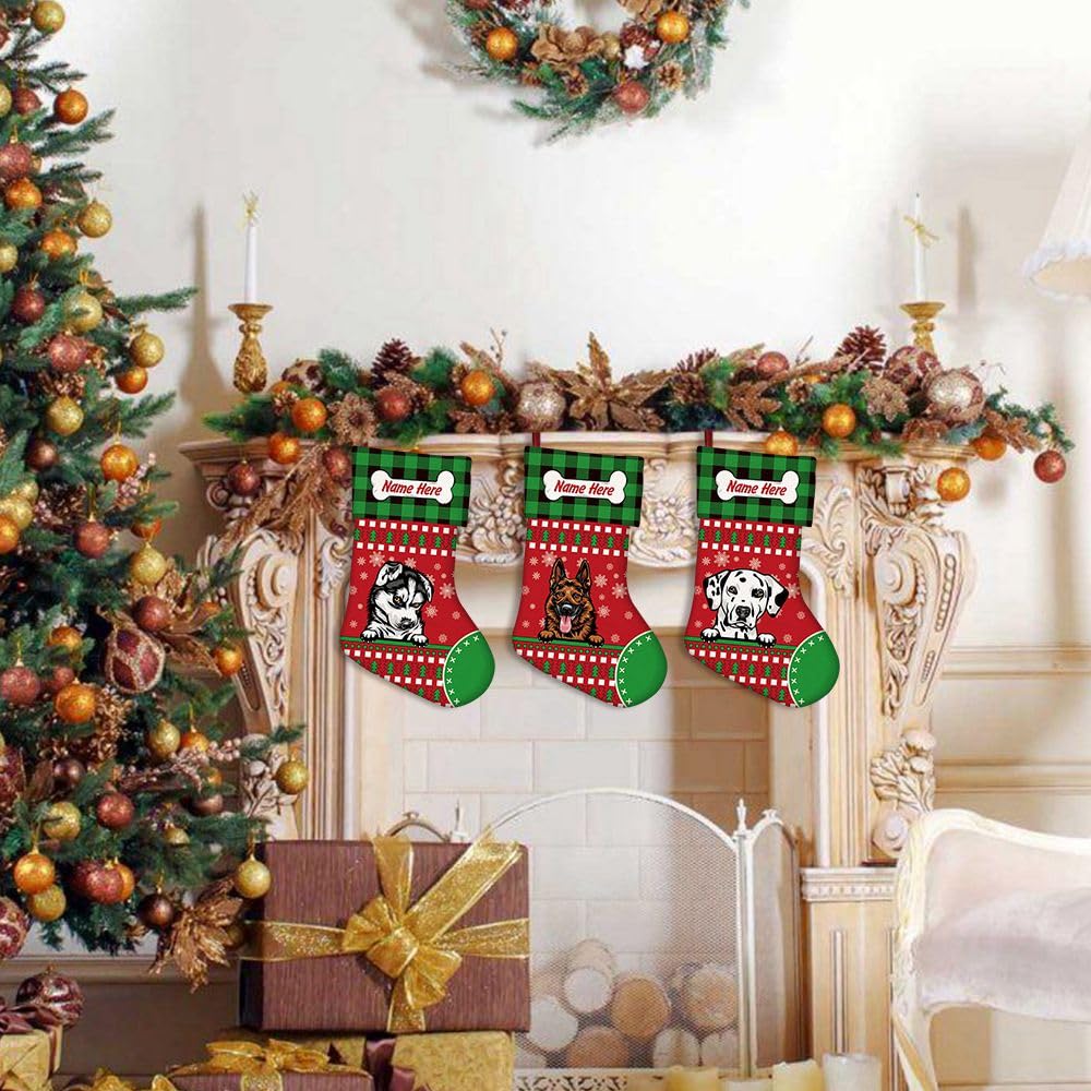 4 Pack Personalized Christmas Stockings - Cute Golden Retriever Dog with Bone Design, Red Buffalo Plaid & Snowflake Pattern (14.4 Inch) - Perfect for Fireplace Decor, Holiday Gift Giving & Pet Lover Presents