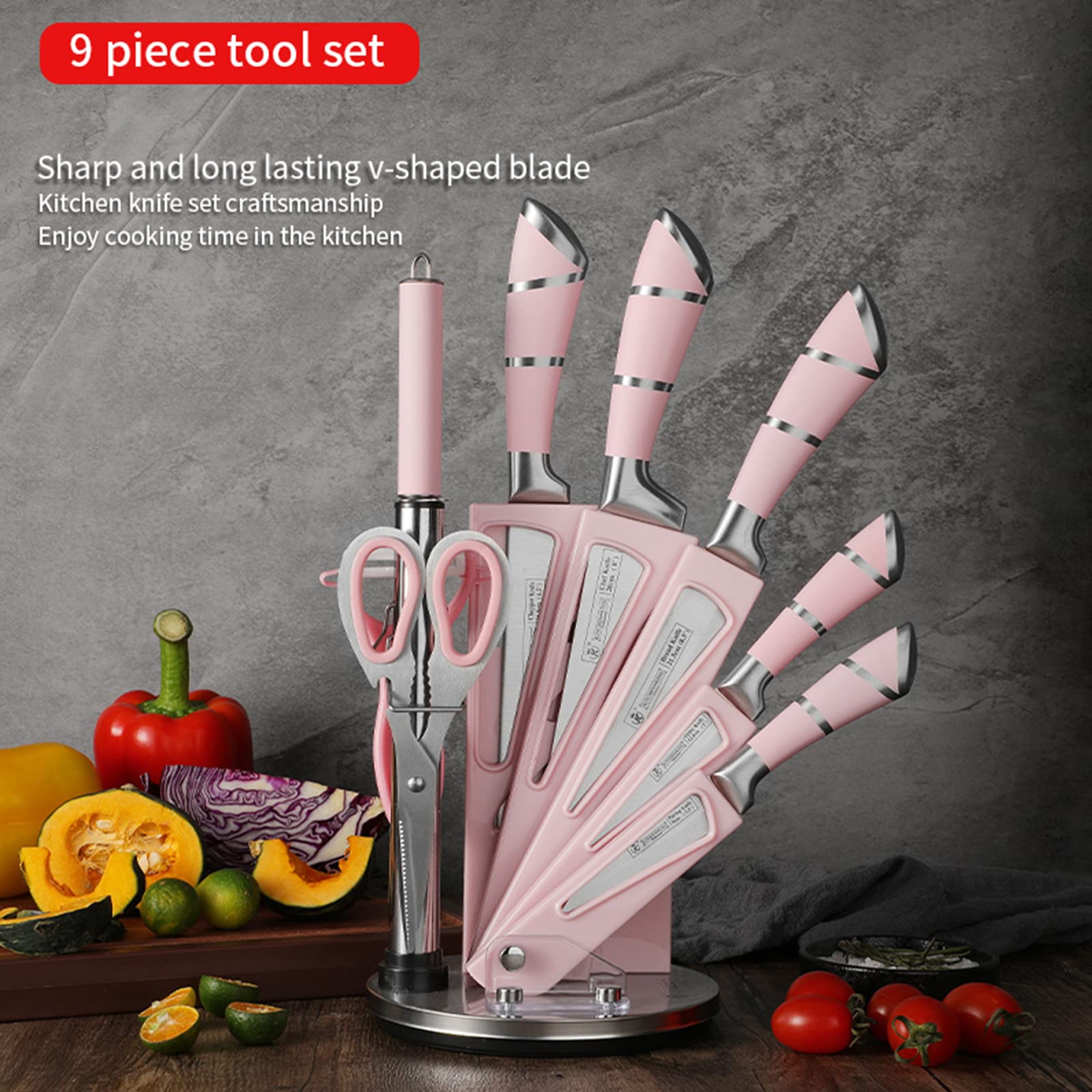 Premium 9-Piece Pink Kitchen Knife Set - High Carbon Stainless Steel, Non-Stick & Ultra Sharp Blades with Acrylic Storage Block - Perfect for Meat Slicing, Vegetable Chopping & Food Prep - Ideal Cooking Gift Set for Women, Brides & Home Chefs - Great for Home Kitchens, Wedding Registries & Housewarming Gifts