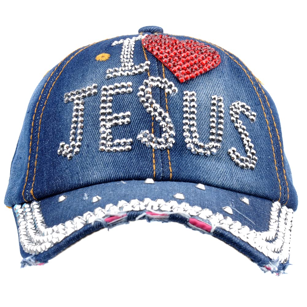 Sparkling Rhinestone Hats for Women - I Love Jesus Embroidered Baseball Cap, Adjustable Denim Golf Hat with Distressed Jeans Wash Design | Perfect for Church, Bible Study & Casual Outings