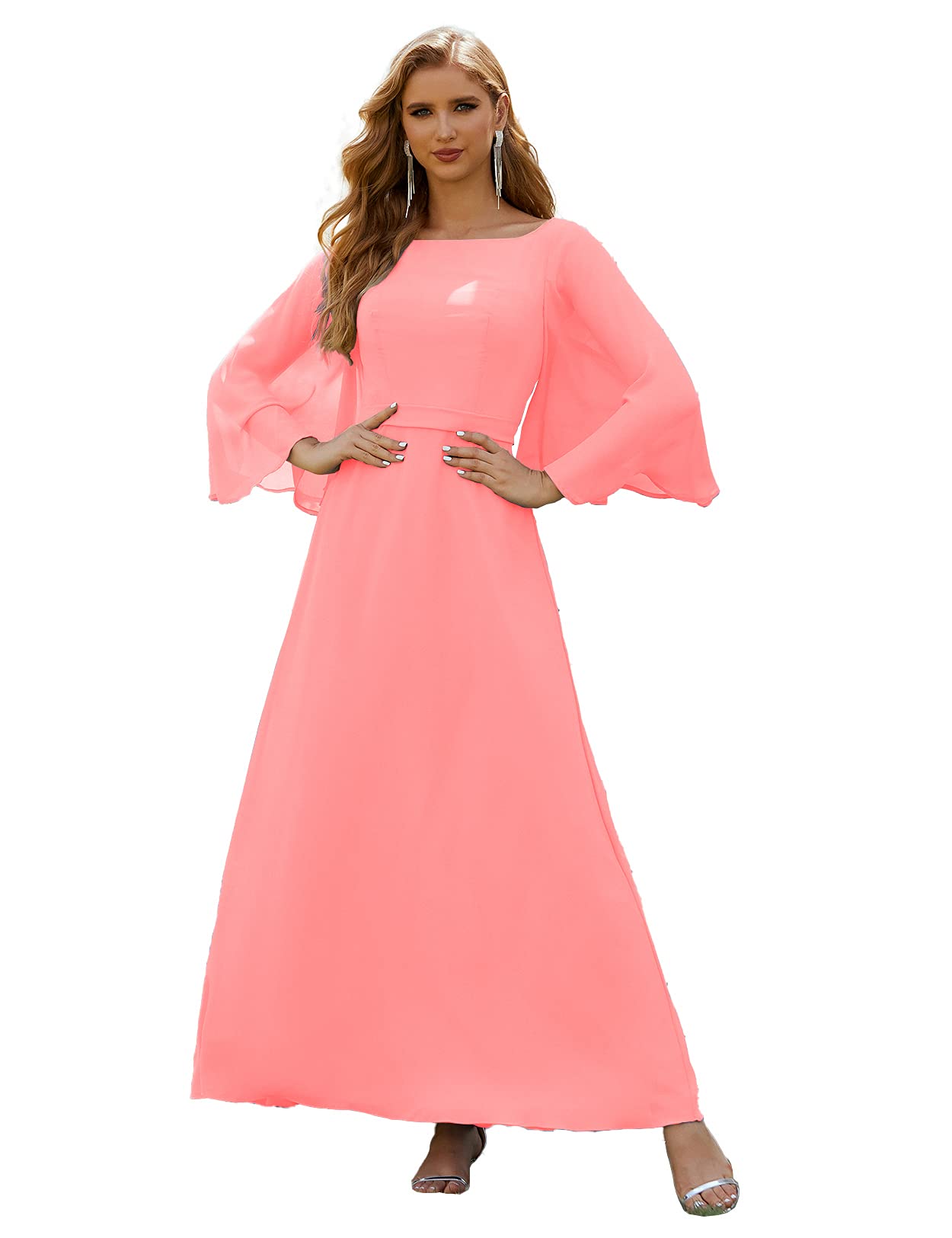 Elegant Scoop Neck Chiffon Bridesmaid Dress with Batwing Sleeves - Long Formal Mother of The Bride Gown for Wedding Party & Prom Night
