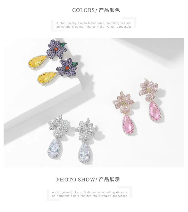 Luxury Cubic Zirconia Waterdrop Flower Earrings for Women - Elegant Bridal Wedding Jewelry, Banquet Party Dress Accessories - Perfect for Weddings, Proms, and Special Occasions