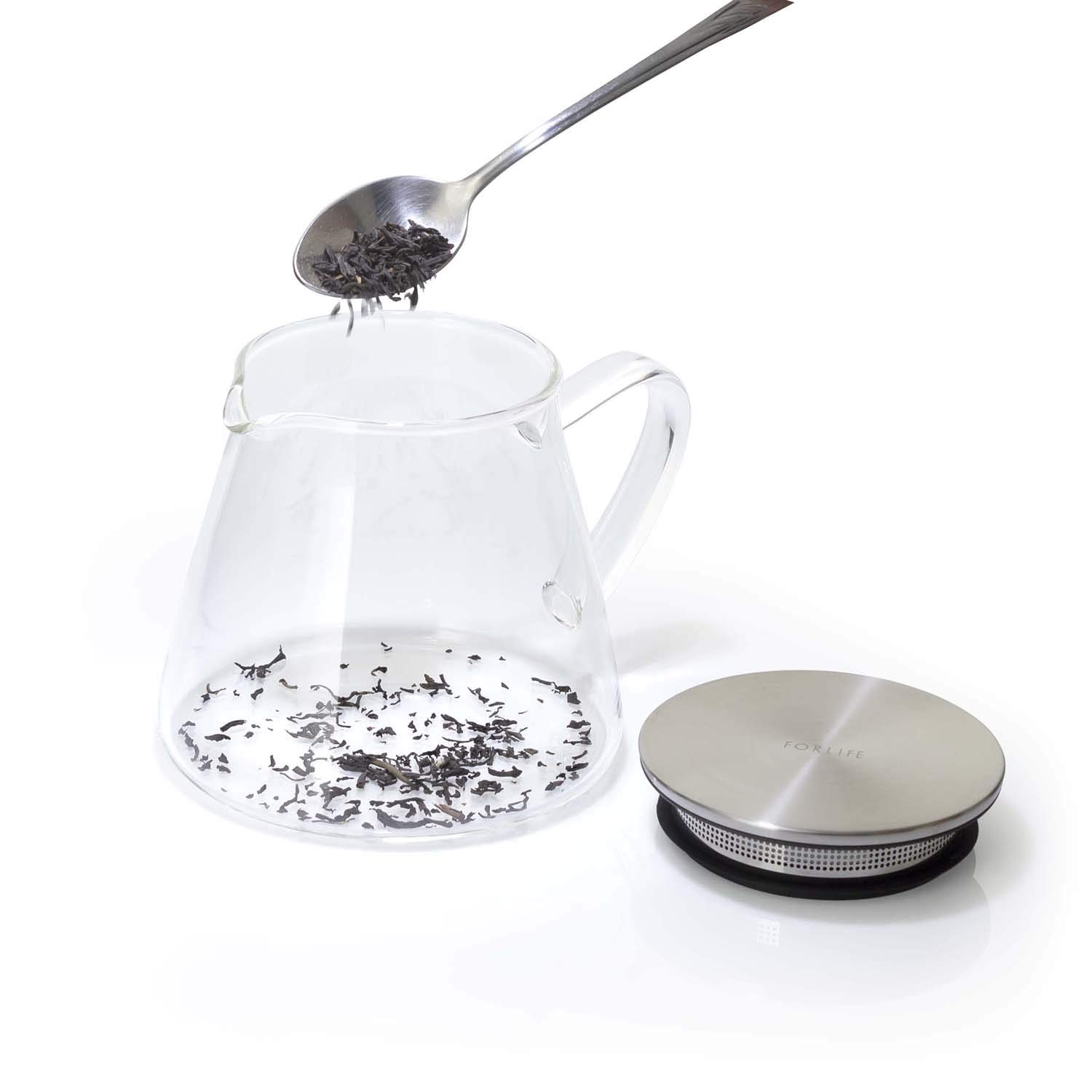 Four Life 841 Heat Resistant Glass Teapot - 18.9 fl oz (532 ml) Capacity for 3 Cups with Lid & Tea Strainer | Microwave & Dishwasher Safe, One-Handed Pouring | Perfect for Loose Leaf Tea Brewing, Iced Tea Making & Office/Home Use
