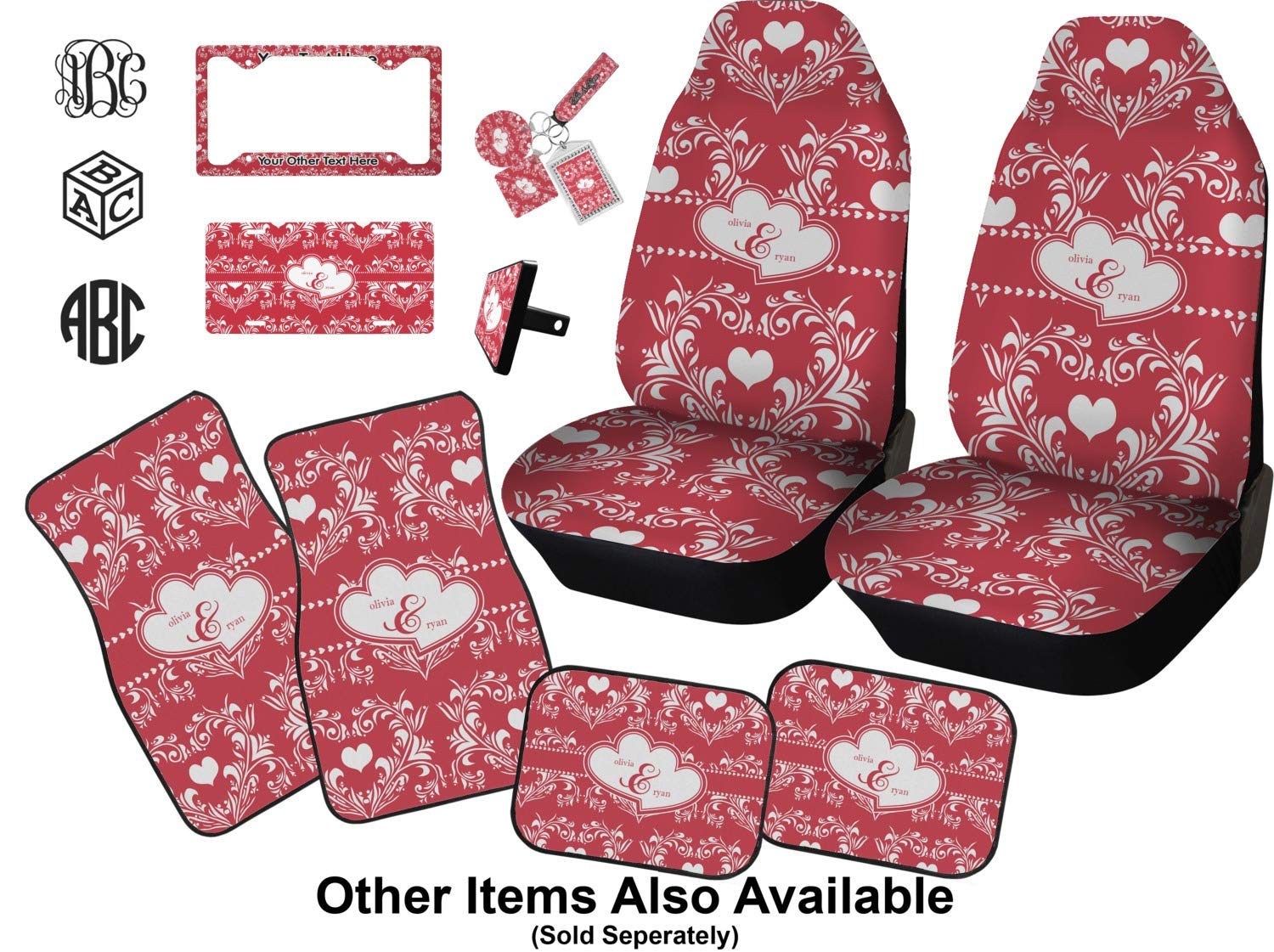 Custom Heart Damask Car Floor Mats Set - 2 Front & 2 Rear Mats for Cars, SUVs & Trucks | Waterproof & Non-Slip Protection | Perfect for Valentine's Day Gifts & Car Interior Decor