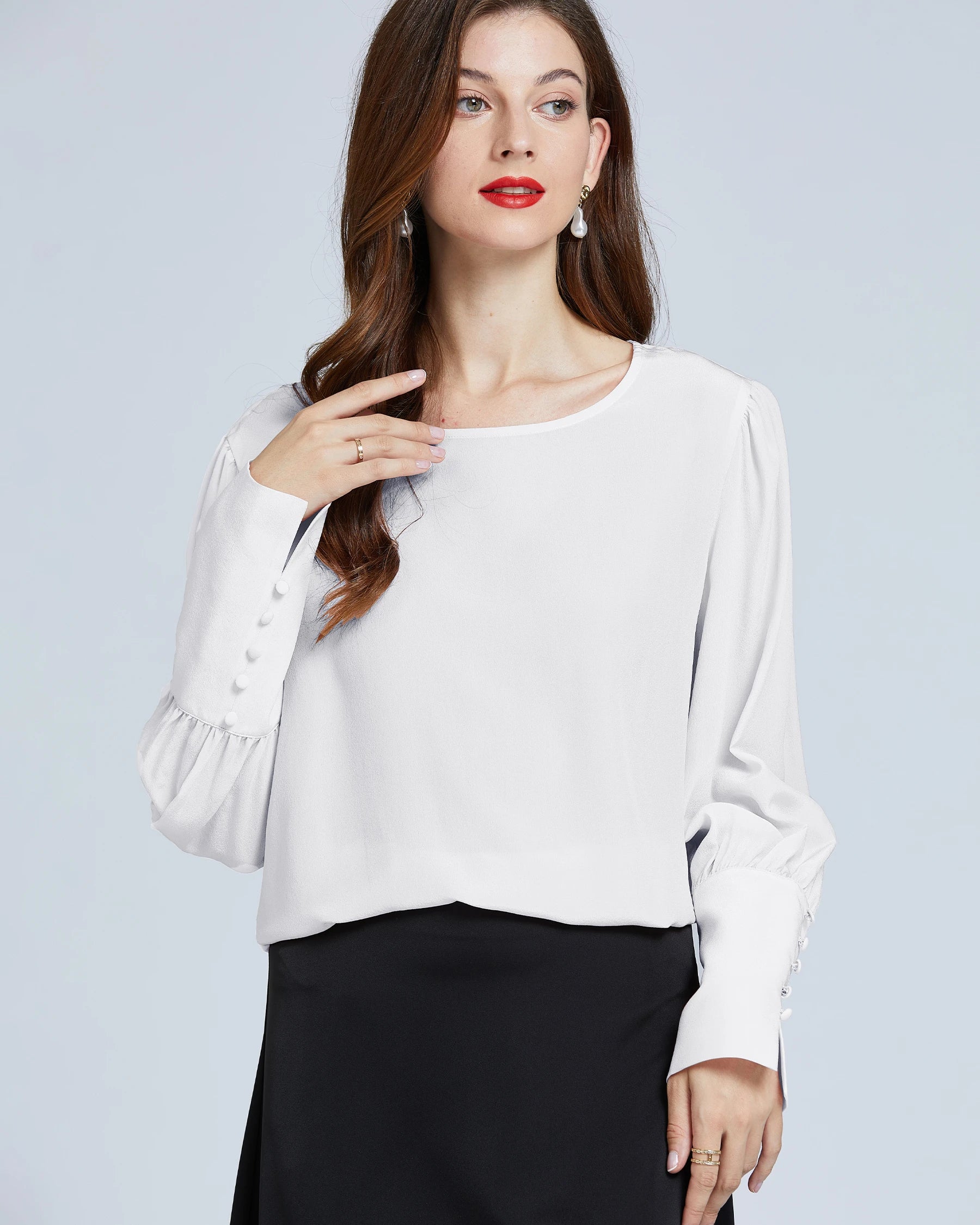 Women's Silk Blouse with Round Neck & Lantern Sleeves - Elegant Casual & Office Wear for Women
