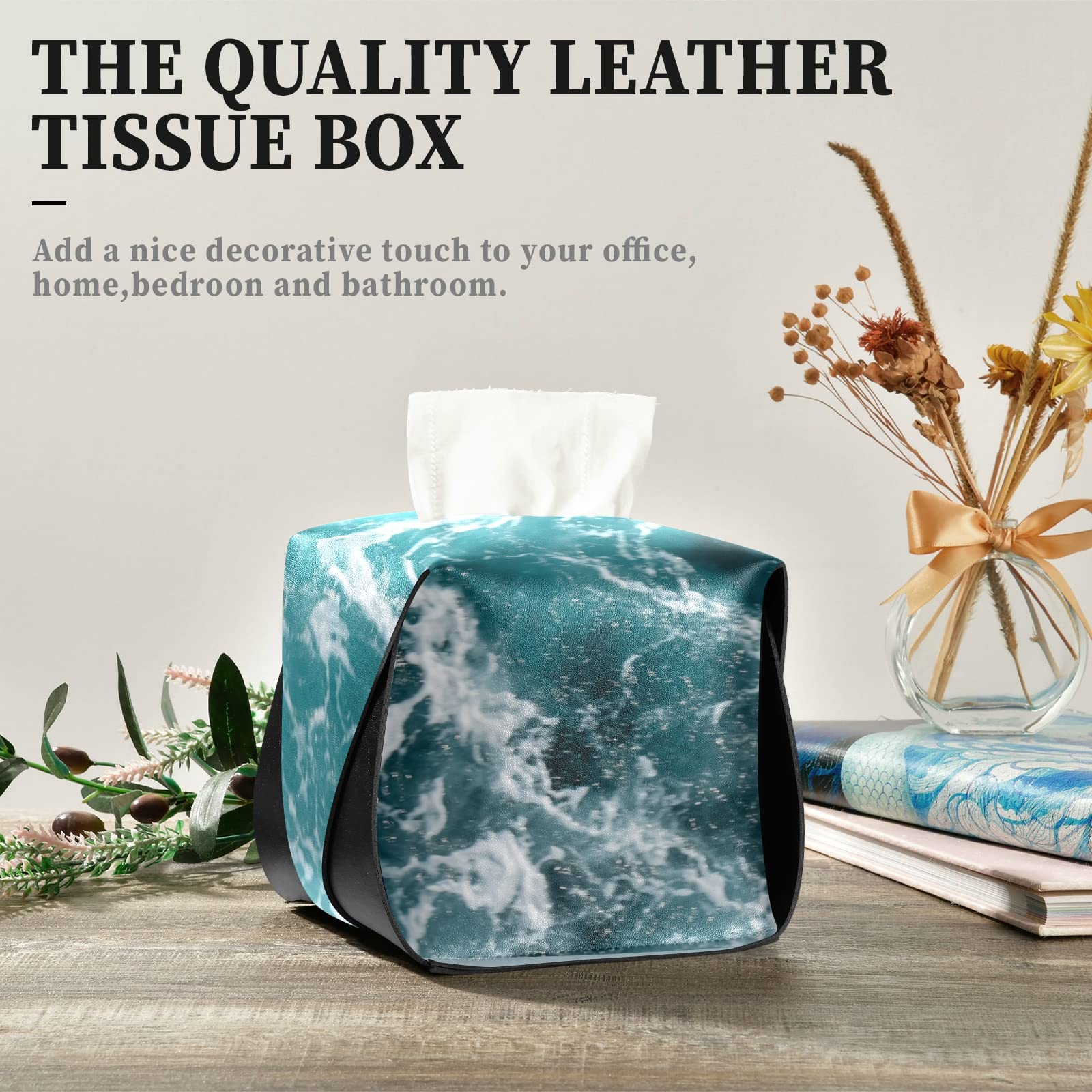 Turquoise Ocean Wavy Surface Leather Tissue Box Cover with Handle - 5.7x5.7x5.7 Inch Square Design for Bathroom, Home, Office & Car - Perfect for Nightstands, Vanity Countertops and Desks - Water Splash Close-Up Texture