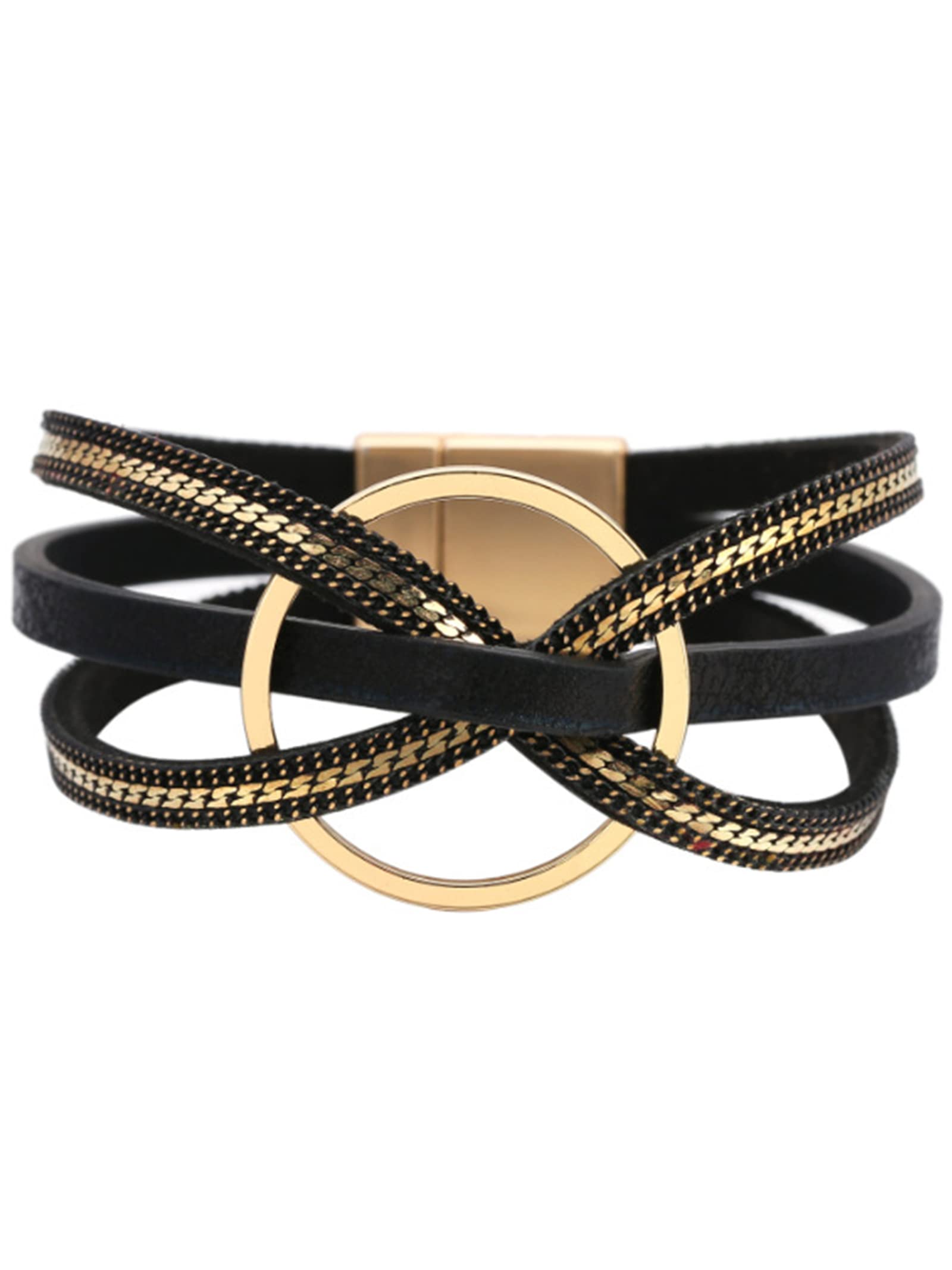 Stylish Multilayer Circular Leather Bracelet for Women & Men - Boho Geometric Cuff with Magnetic Clasp - Fashionable Bangle for Teen Girls - Perfect for Casual Wear, Parties & Gifts