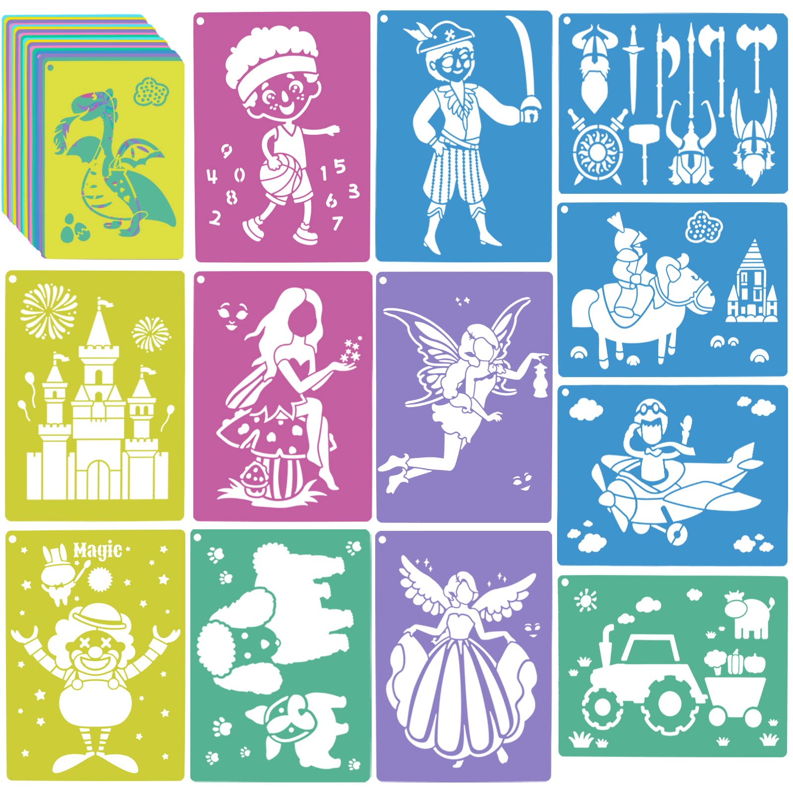 30 PCS Large Colorful Sidewalk Chalk Stencils for Kids - 7 x 9.85 Inch Reusable Drawing Templates, Washable Craft Fun for Outdoor Play, Birthday Parties & DIY Art Projects