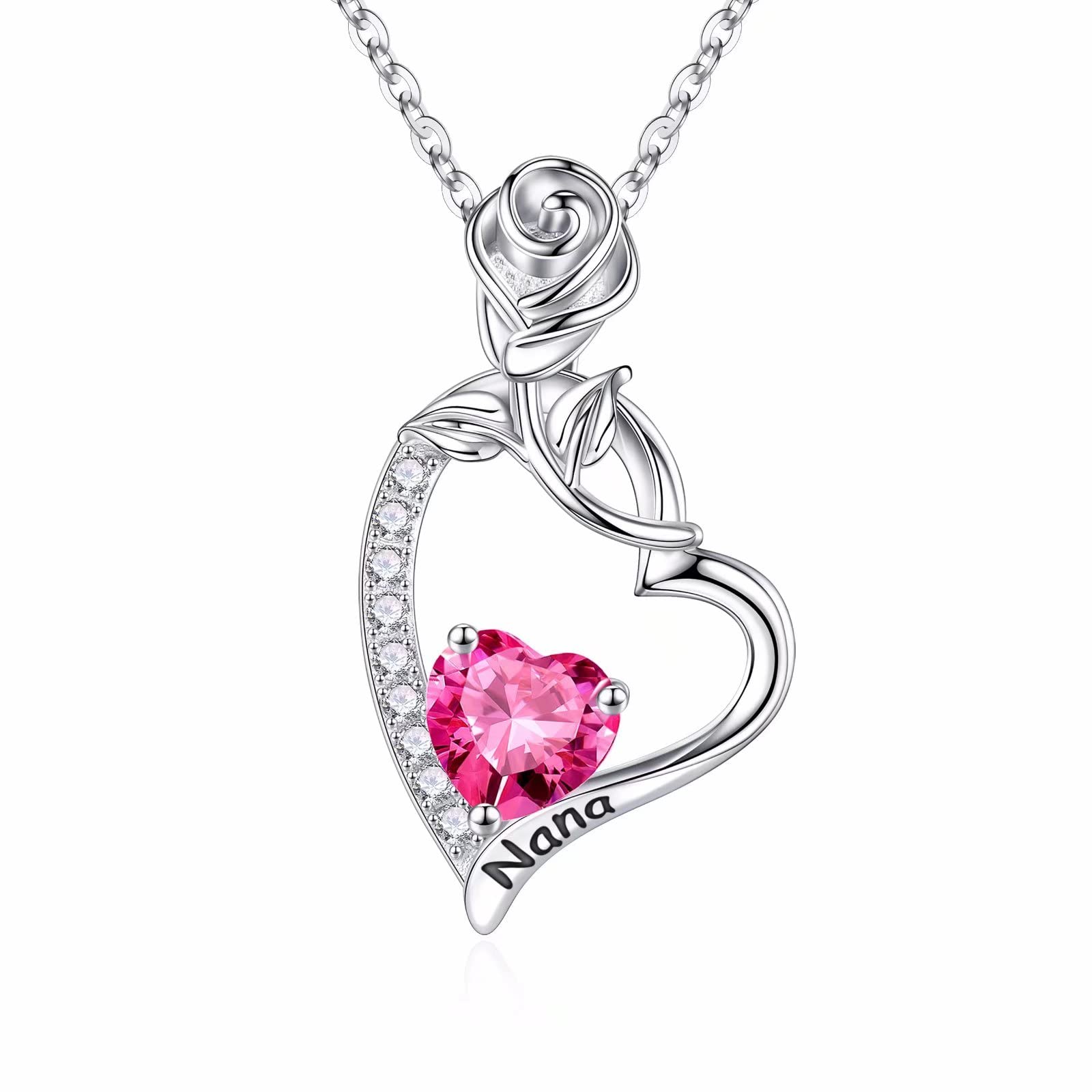 925 Sterling Silver Rose Heart Necklace with Birthstone - Elegant Grandma Jewelry Gift for Birthday, Mother's Day & Anniversary | Perfect for Special Occasions & Everyday Wear