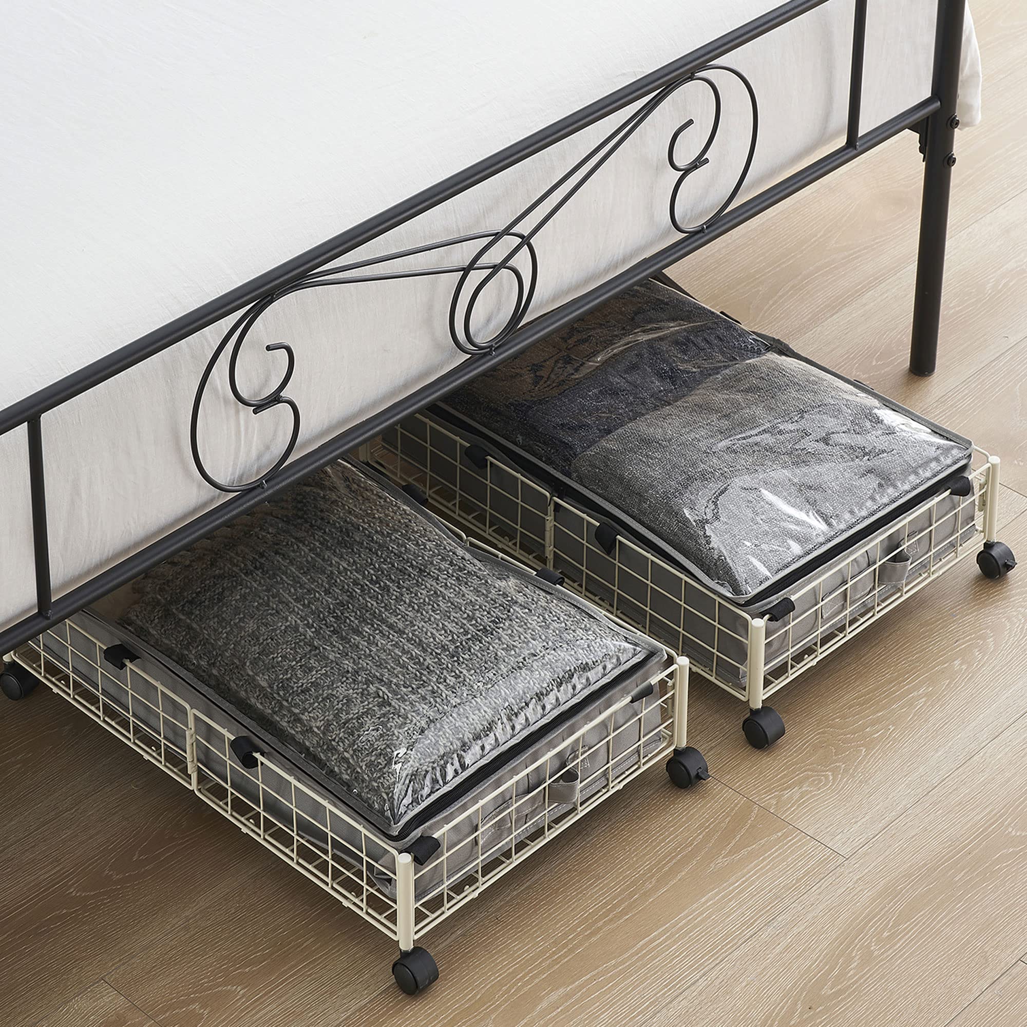 GARVEE 2-Pack Rolling Under Bed Storage Bins with Wheels - Foldable Fabric Organizer for Clothes, Shoes, Blankets & Seasonal Items - Space Saving Bedroom Storage Solution (White) - Perfect for Small Apartments, Dorms & Closet Organization
