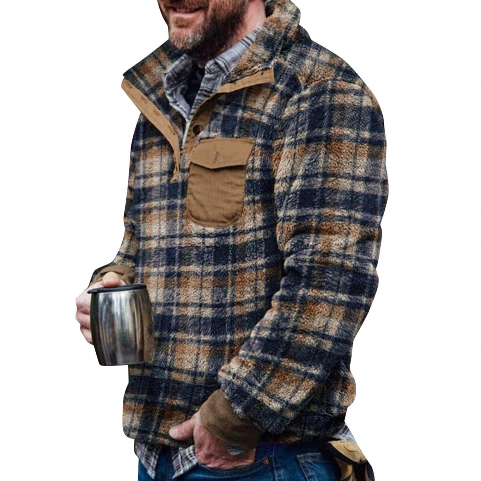 Men's Fuzzy Sherpa Pullover Sweatshirt - Winter Warm Plaid Aztec Printed Turtleneck Sweater Coat for Casual Wear & Outdoor Activities