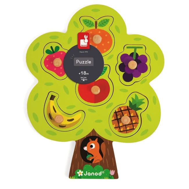 Janod Wooden Fruit Tree Puzzle - Educational Toy for Toddlers & Kids - Montessori Learning Activity for Fine Motor Skills - Perfect for Preschool, Daycare & Home Play