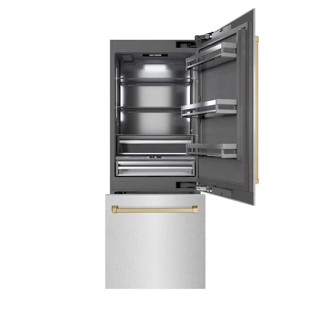 ZLINE Autograph Edition 30-Inch Built-In Bottom Freezer Refrigerator - 16.1 cu. ft. Capacity, Water Dispenser & Ice Maker - Satin Stainless Steel with Graphite Gray Interior & Champagne Bronze Accents (GRBIVZ SN 30 CB) - Perfect for Modern Kitchens & Open-Concept Homes