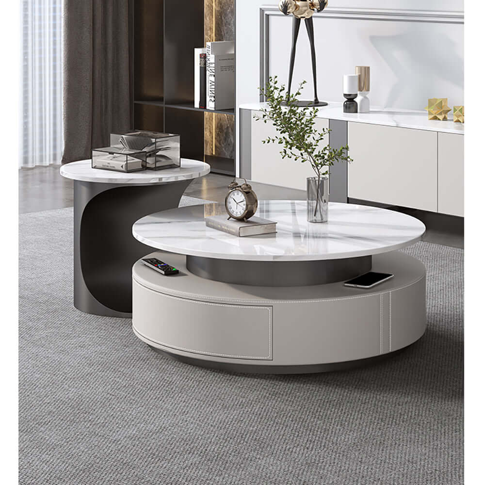 Modern High-Low Round Coffee Table Set with Slate Top & Storage Drawers - Luxury Living Room Furniture for Small Spaces & Contemporary Home Decor