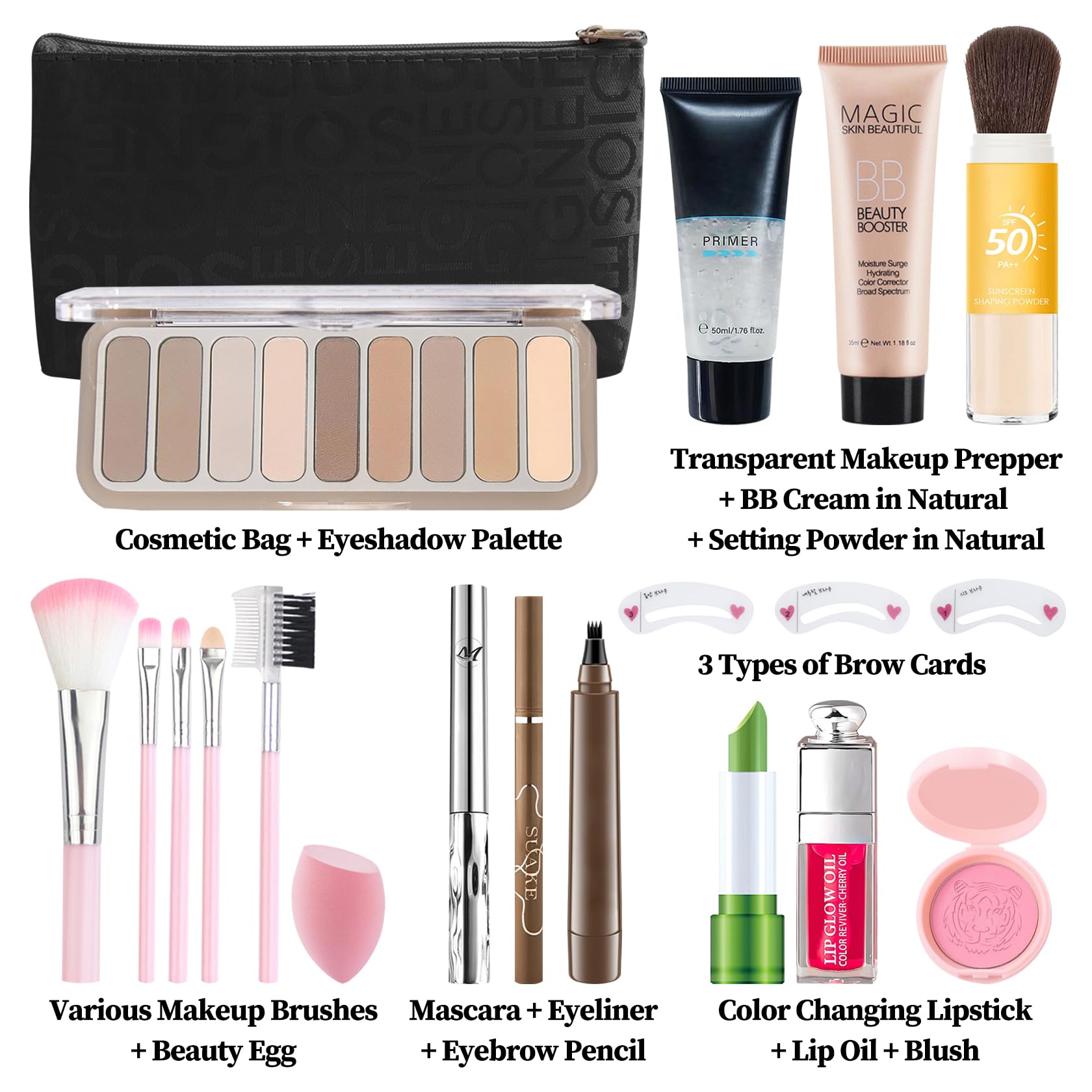All-in-One Makeup Kit for Women - 14 Piece Cosmetic Gift Set with Eyeshadow Palette, Blush, Loose Powder, BB Cream, Primer, Eyebrow Pencil, Mascara, Eyeliner, Lipstick, Lip Oil, Makeup Sponge & Brush | Perfect for Travel, Bridal Makeup & Everyday Beauty Essentials