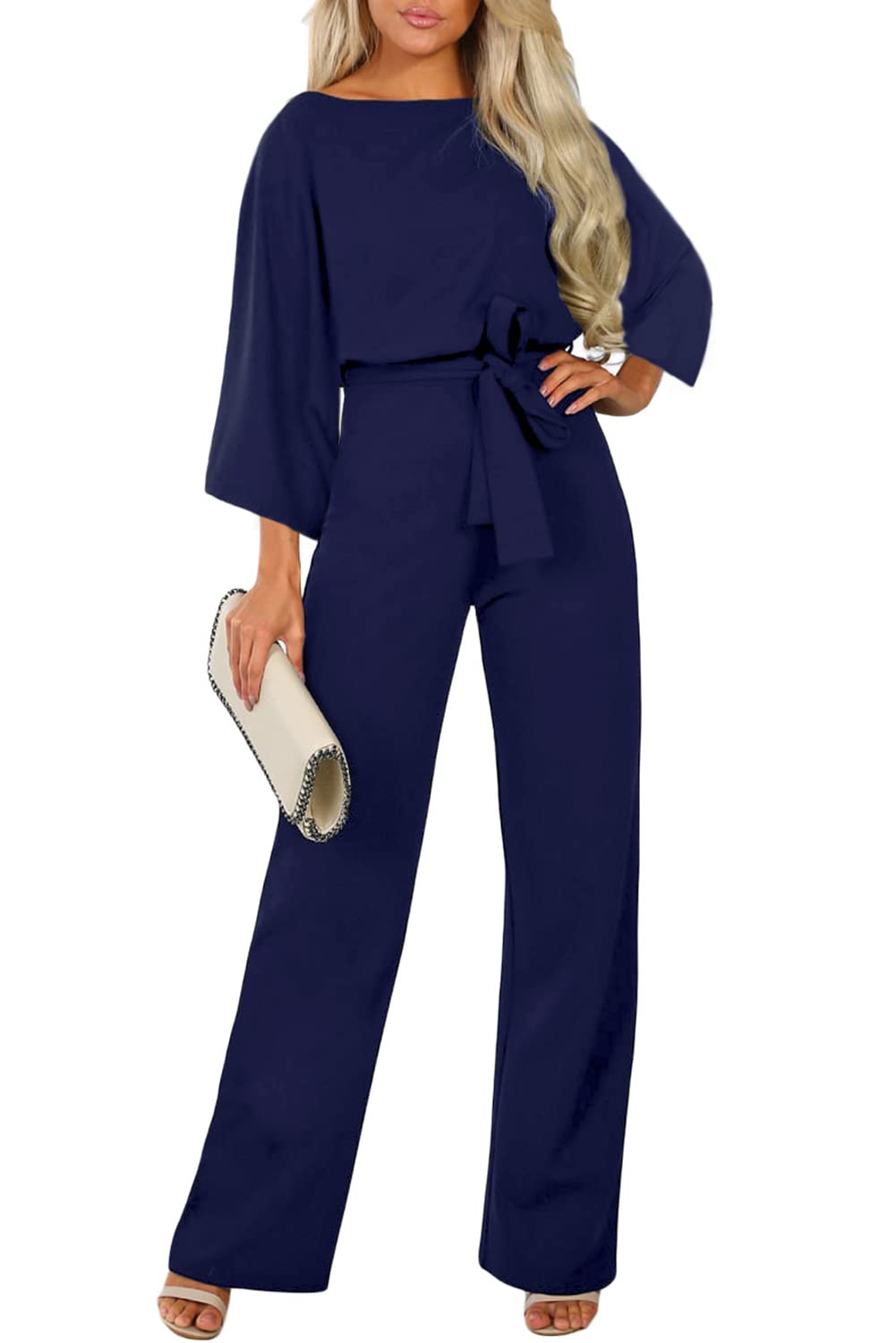 **Women's Casual Loose Batwing Sleeve Jumpsuit with Belt & Wide Leg Pants – Stylish Romper for Everyday Wear, Work & Outings**