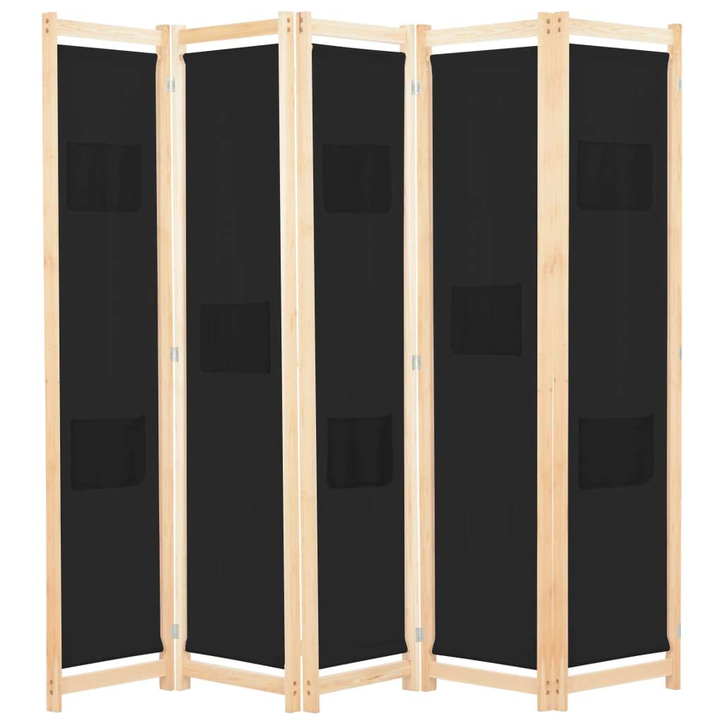 5 Panel Folding Room Divider Screen - 5.5 ft Tall Wood & Fabric Privacy Partition with 8 Storage Bags - Freestanding Decorative Room Separator for Home Office, Bedroom, and Living Space - Black