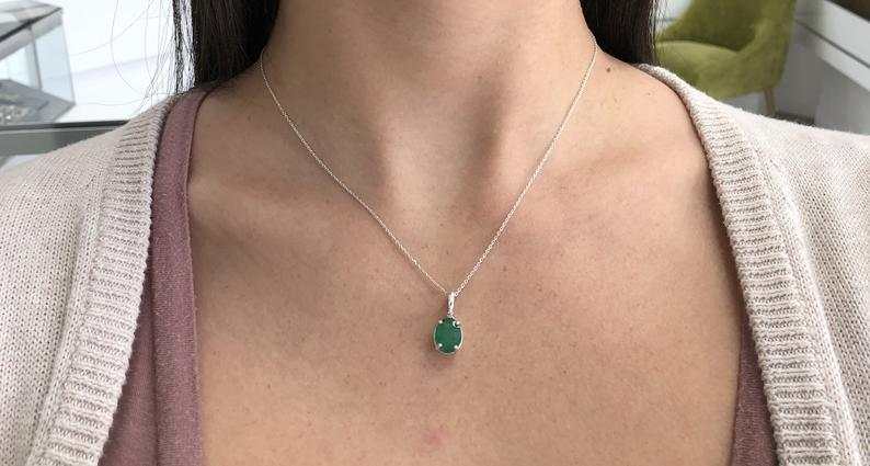 2.69 Carat Dark Green Emerald Oval & Diamond Accent 925 Sterling Silver Necklace for Women - Elegant Jewelry Gift for Anniversary, Birthday & Special Occasions