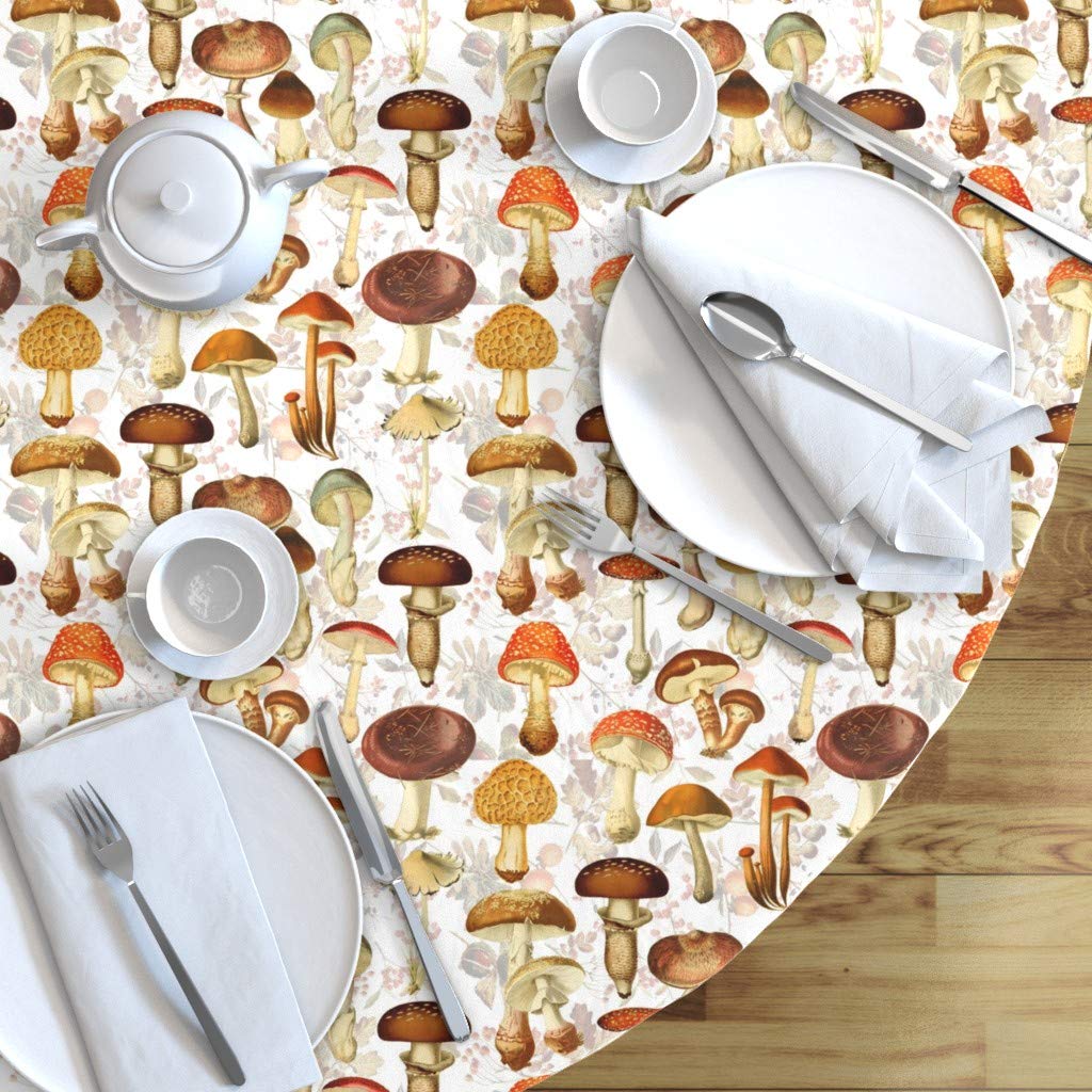 Vintage Mushroom Print Cotton Sateen Tablecloth - 90 Inch Round White Botanical Table Cover for English Cottage, Country Chic & Woodland Theme Dining Decor - Perfect for Farmhouse Weddings, Tea Parties & Vintage-Inspired Home Decor