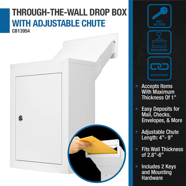 Barska CB13954 Secure Through The Wall Mail Drop Box with Adjustable Chute - Perfect for Home, Office & Package Delivery Security