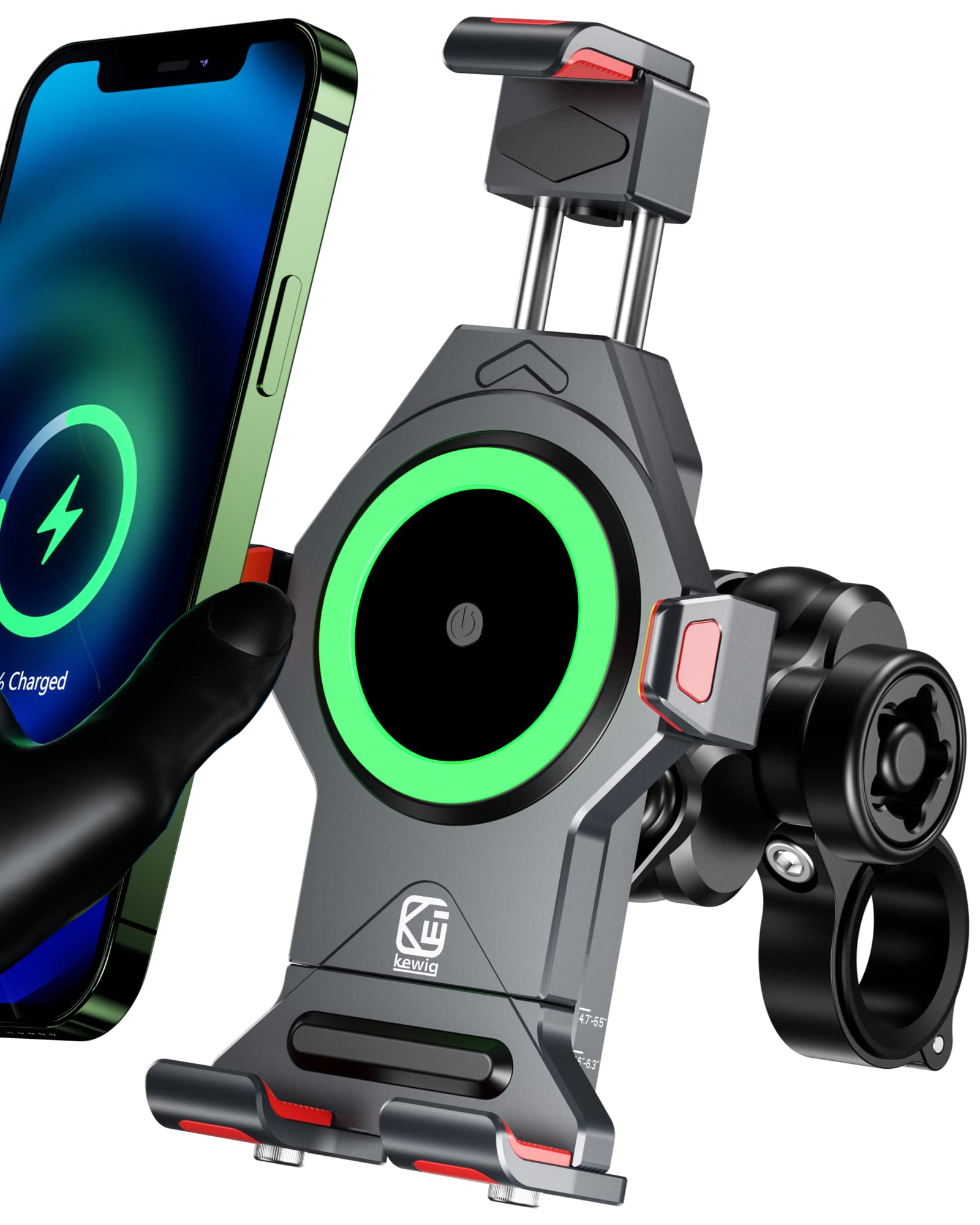 BRCOVAN Motorcycle Phone Mount with 15W Qi Wireless Charger & Vibration Dampener - Anti-Theft, Anti-Shake Adjustable Handlebar Holder for 4.7