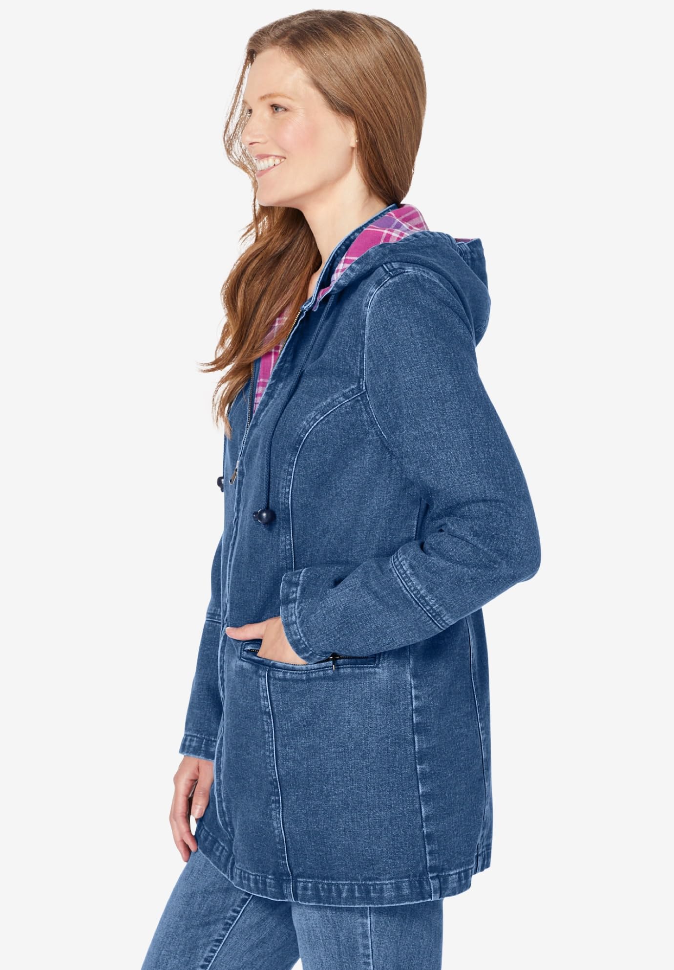 Woman Within Plus Size Flannel-Lined Denim Jacket with Removable Hood - Long Oversized Jean Coat for Women - Perfect for Fall & Winter Outdoor Activities, Casual Wear and Layering