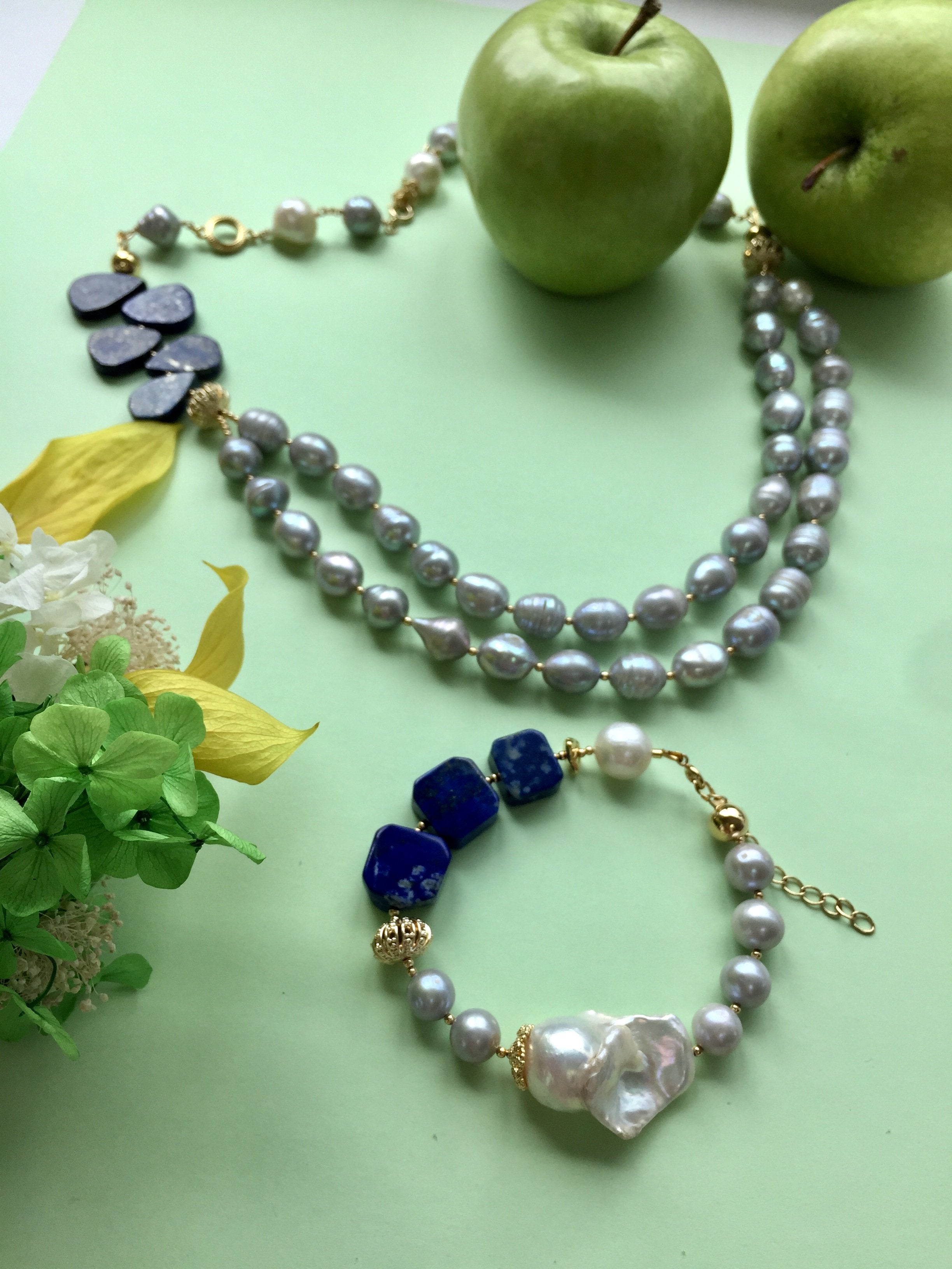 Elegant Freshwater Pearl & Square Lapis Lazuli Bracelet MB043 | Perfect for Weddings, Parties & Gift Giving