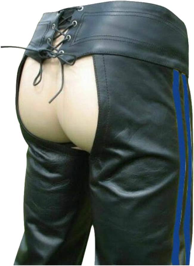 Men's Real Bikers Cowhide Leather Chaps with Stripes - Motorcycle Riding Pants for Harley Davidson & Cruiser Bikes - Perfect for Biker Events, Rallies & Night Riding
