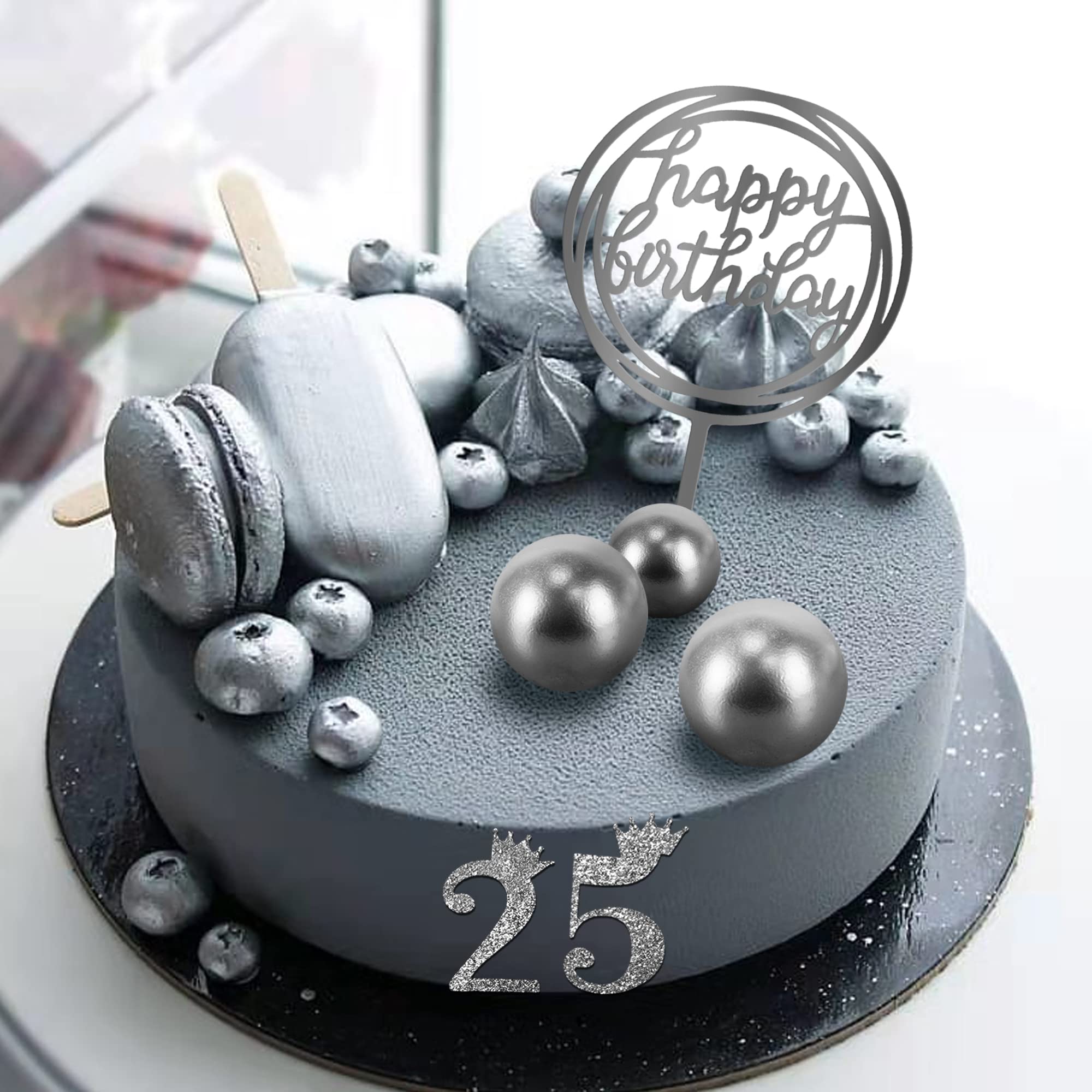25 PCS Acrylic Happy Birthday Cake Topper Set with Numbers 0-9, Crown & Ball Shaped Cake Insert Toppers - Elegant Silver Cake Decorations for Kids & Adults Birthday Parties, Weddings, Baby Showers & Celebrations