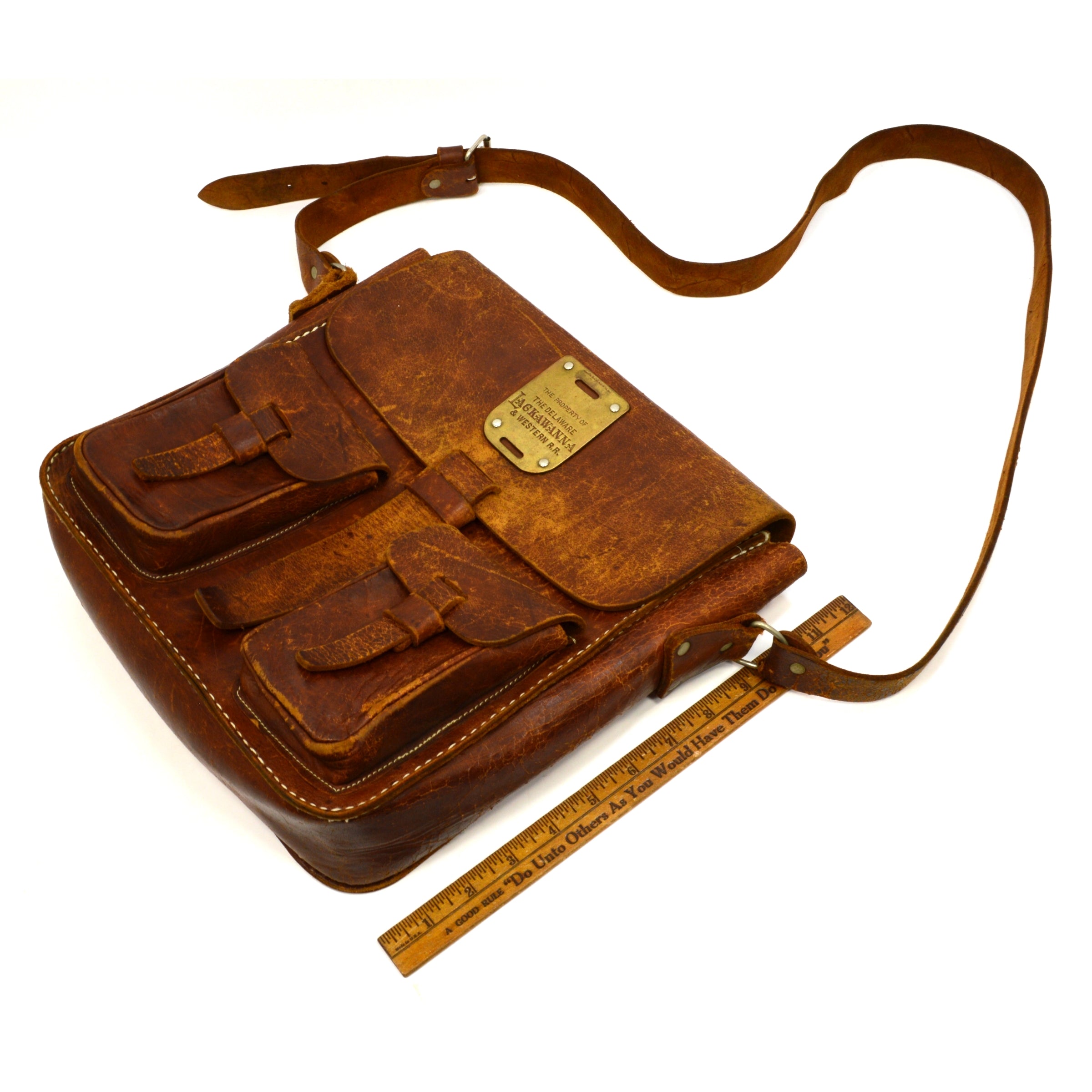 Vintage Antique Brass Train Tag - Delaware Lackawanna & Western Railroad Leather Bag - Rare Collectible - Perfect for Train Enthusiasts & Vintage Fashion Accessories