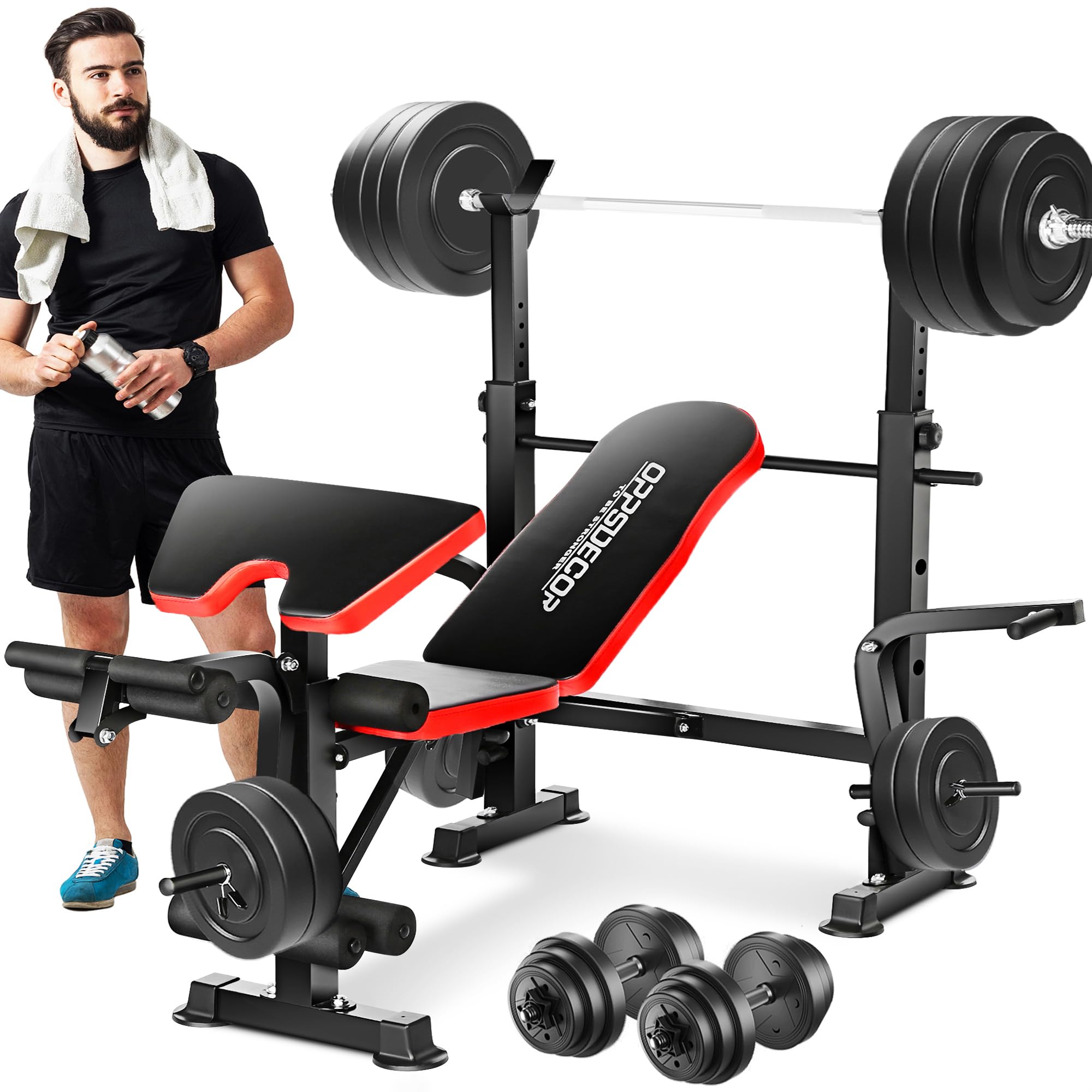 OPPSDECOR 6-in-1 660lbs Weight Bench Set with Squat Rack & Barbell Stand - Adjustable Incline Strength Training Bench with Leg Developer & Preacher Curl - Perfect for Home Gym Workouts & Full-Body Training
