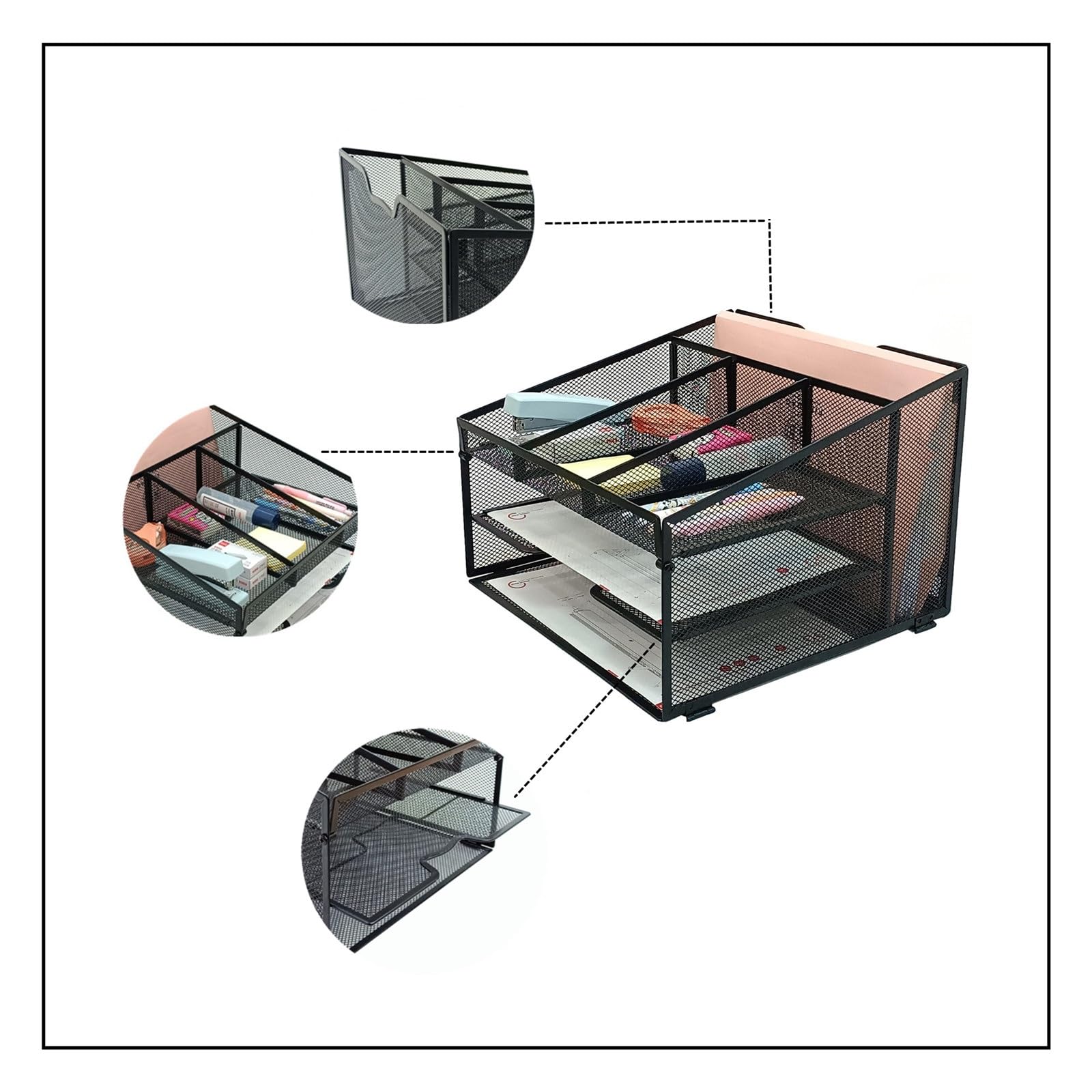 SETTFRFE 2-Tier Mesh Desk Organizer with Pen Holder - Vertical File Organizer for Office, Home & School - Black Metal Paper Tray for Documents, Mail & Stationery Storage