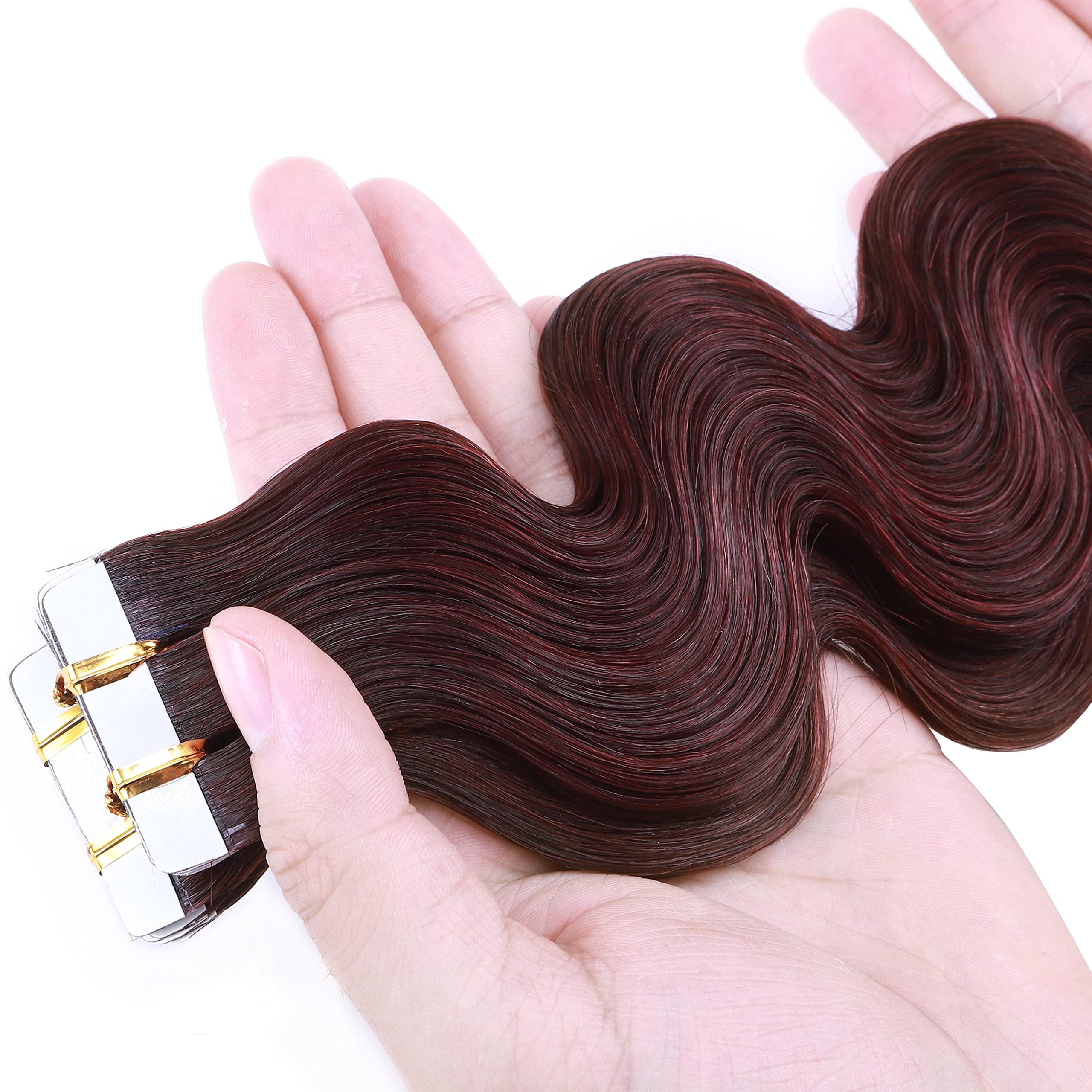 20pcs 40g Tape in Hair Extensions 100% Remy Human Hair - Balayage Wine Red Seamless Curly Wavy 14 Inch Double Sided | Perfect for Parties, Weddings & Daily Styling