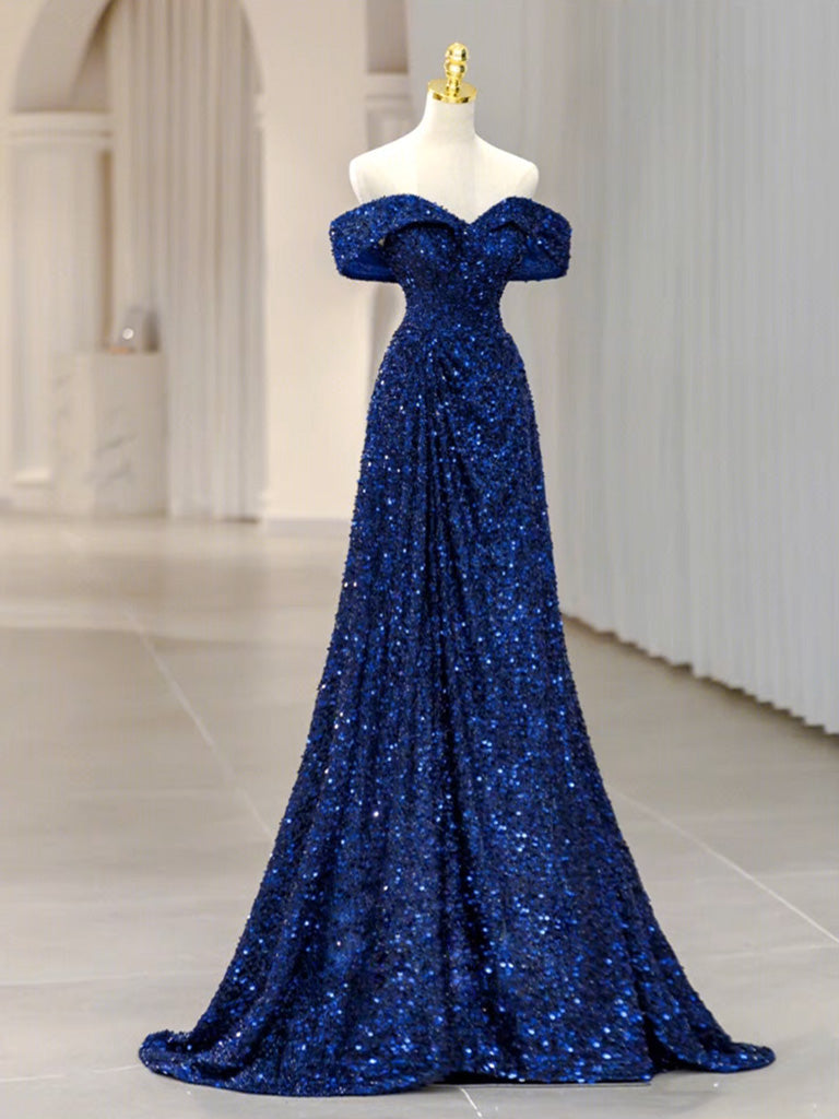 Elegant Blue Velvet Sequin Long Prom Dress for Women - Formal Evening Gown for Homecoming, Ball, and Special Occasions