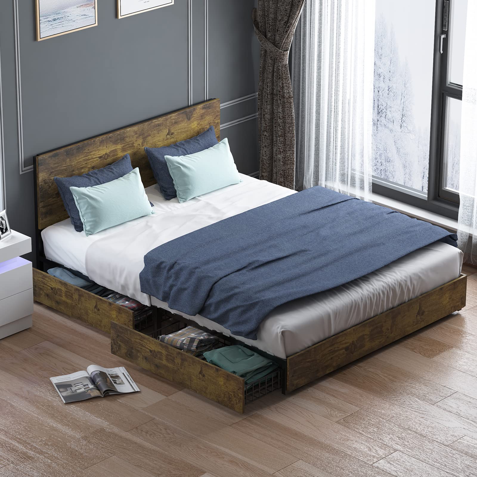 BALUS King Size Bed Frame with Headboard & 4 Storage Drawers - Heavy Duty Wood & Metal Platform Bed, No Box Spring Needed, Noise Free & Easy Assembly - Perfect for Master Bedroom, Guest Room & Small Space Storage Solutions
