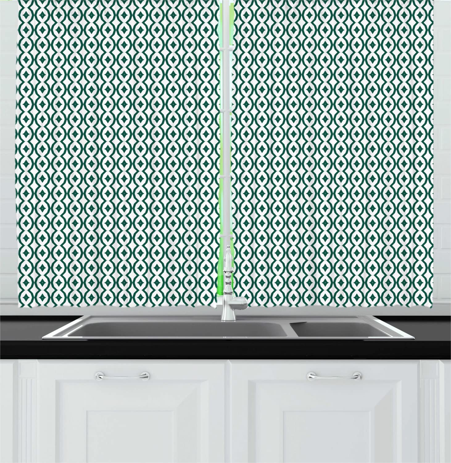 Vintage Long Kitchen Curtains - Retro Circles Design, Monochromatic Rhythmic Pattern on Plain Backdrop, 2 Panels with Rod Pocket, 55