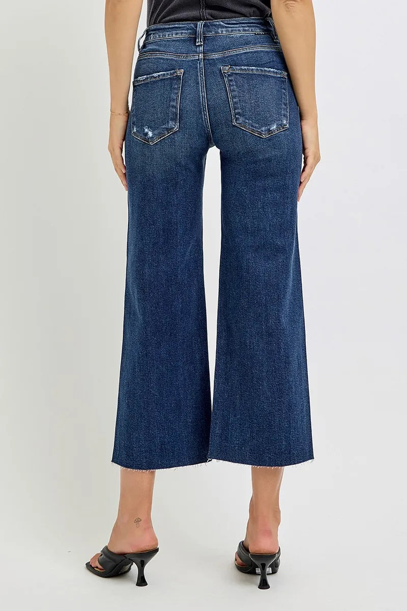 RISEN High Rise Crop Wide Leg Button Up Jeans for Women - Trendy Distressed Denim Pants for Casual Outfits & Street Style Fashion